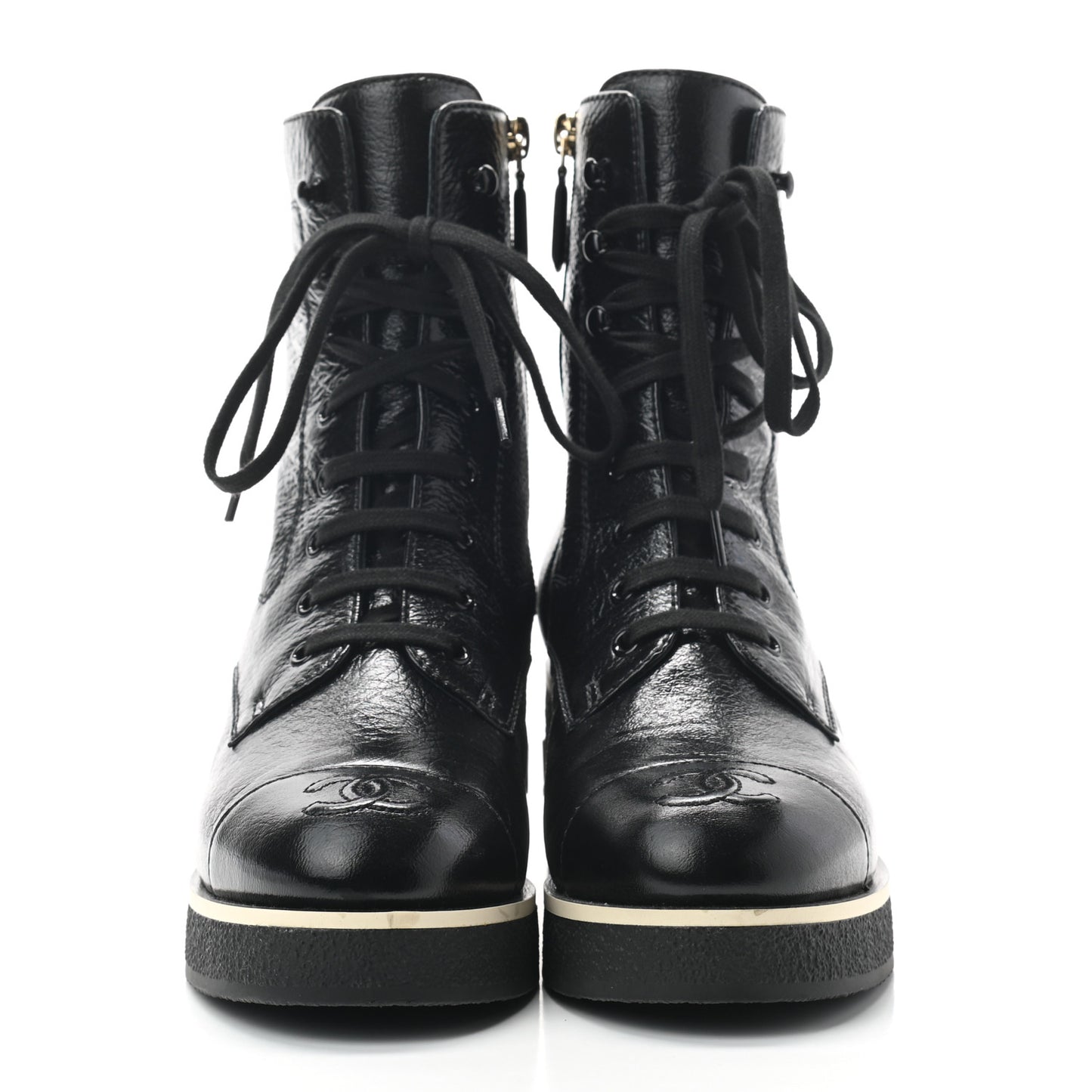 Shiny Crumpled Lambskin Lace Up Combat Boots 38.5 Black