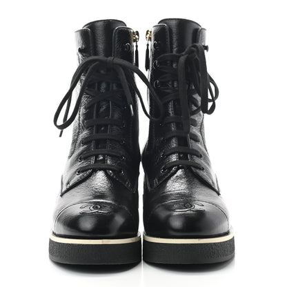 Chanel Shiny Crumpled Lambskin Lace Up Combat Boots 38.5 Black 2 of 7