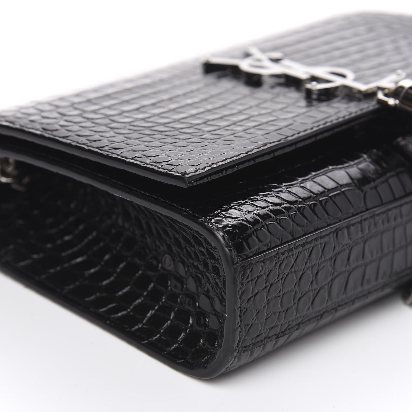 Calfskin Crocodile Embossed Small Classic Monogram Kate Tassel Satchel Black