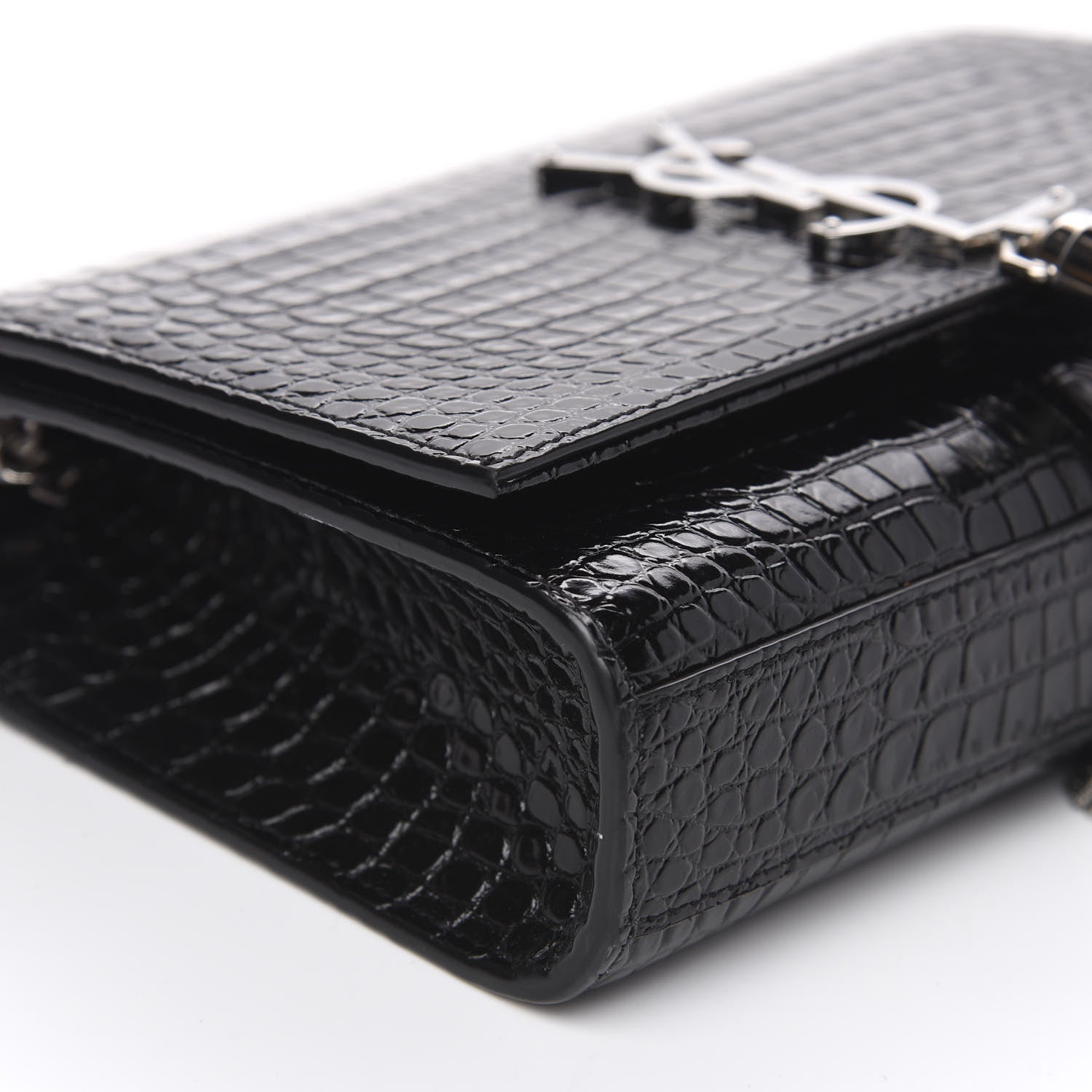 Saint Laurent Calfskin Crocodile Embossed Small Classic Monogram Kate Tassel Satchel Black 7 of 8