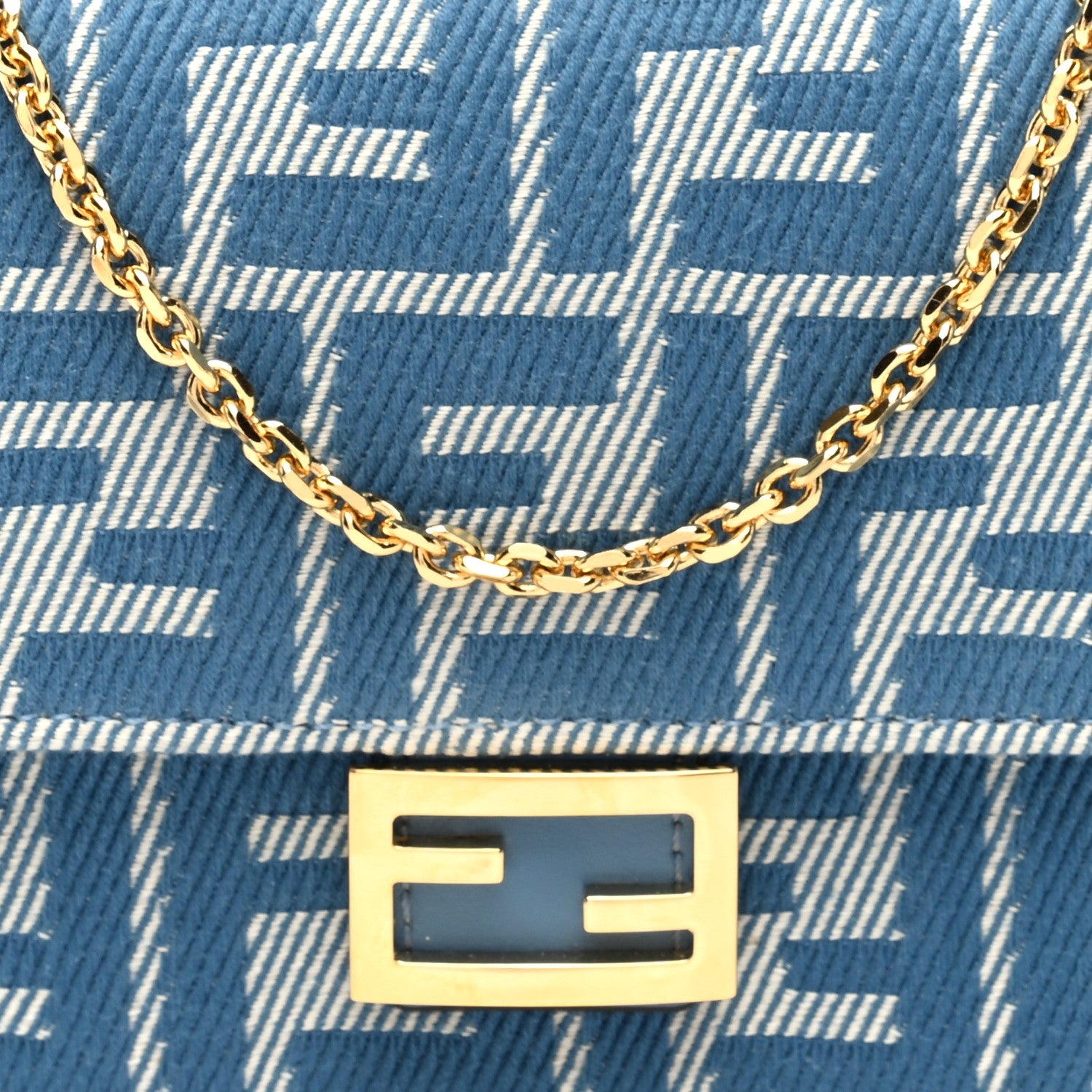 Fendi Denim Effect Fabric Jacquard FF 1974 Wallet On Chain Baguette Blue White 7 of 9