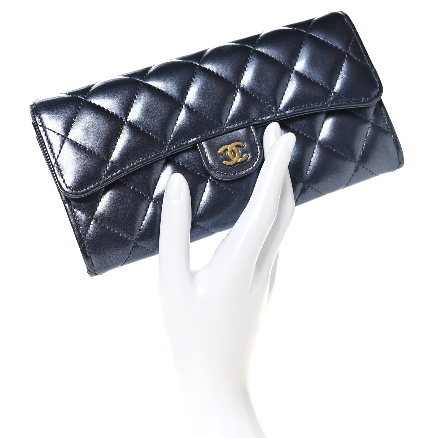 Chanel Metallic Lambskin Quilted Large Gusset Flap Wallet Dark Blue 2 of 9