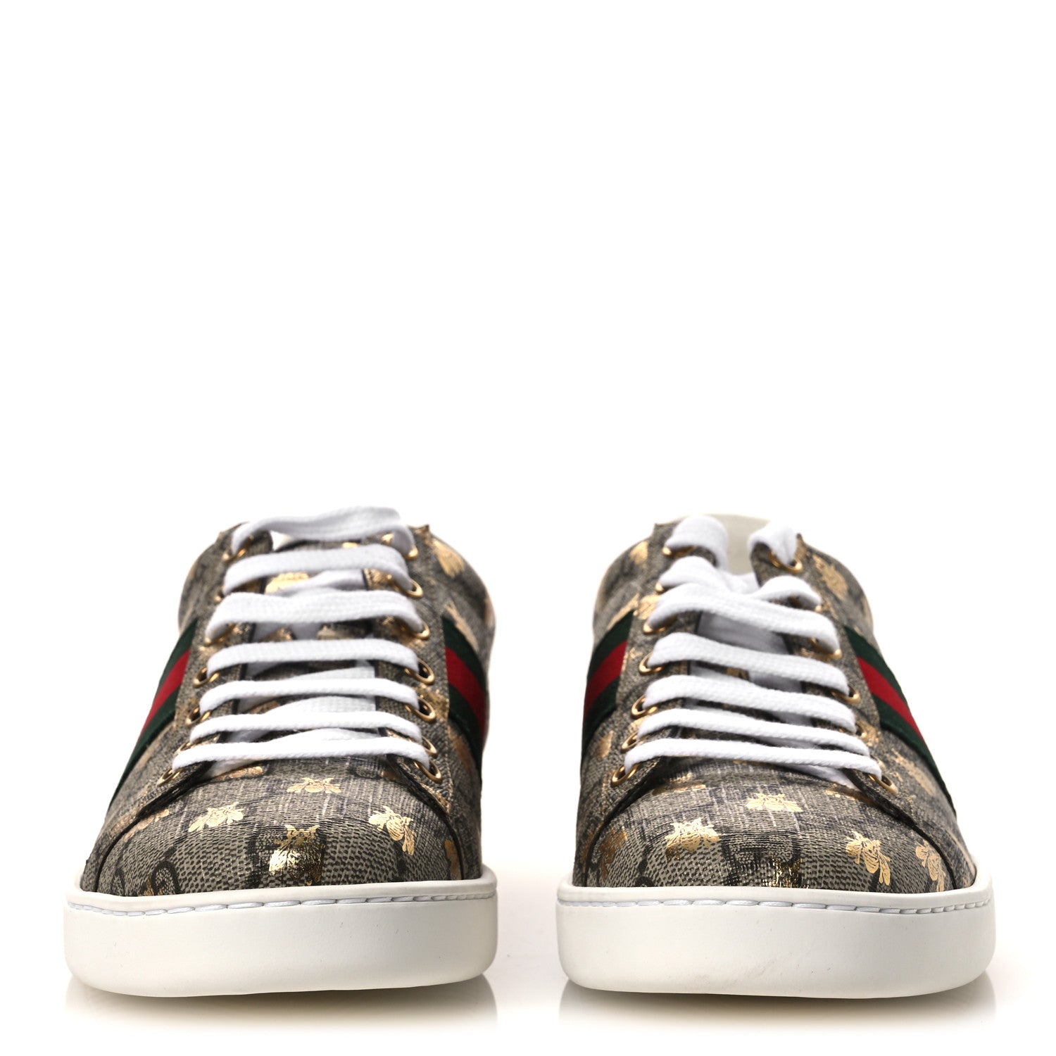 Gucci GG Supreme Monogram Bees Ayers Web Womens Ace Sneakers 37.5 Beige Oro Green Red 3 of 11