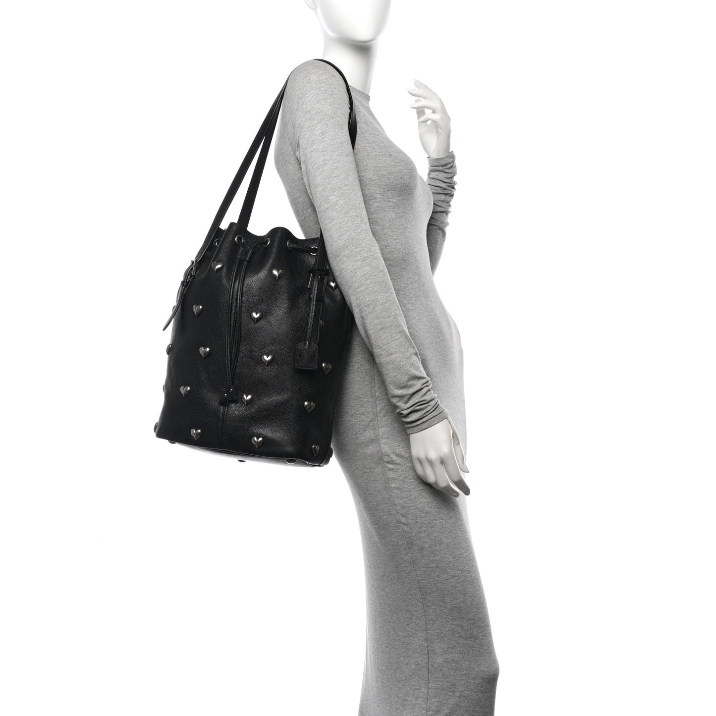 Lambskin Medium Heart Studded Riva Bucket Bag Black