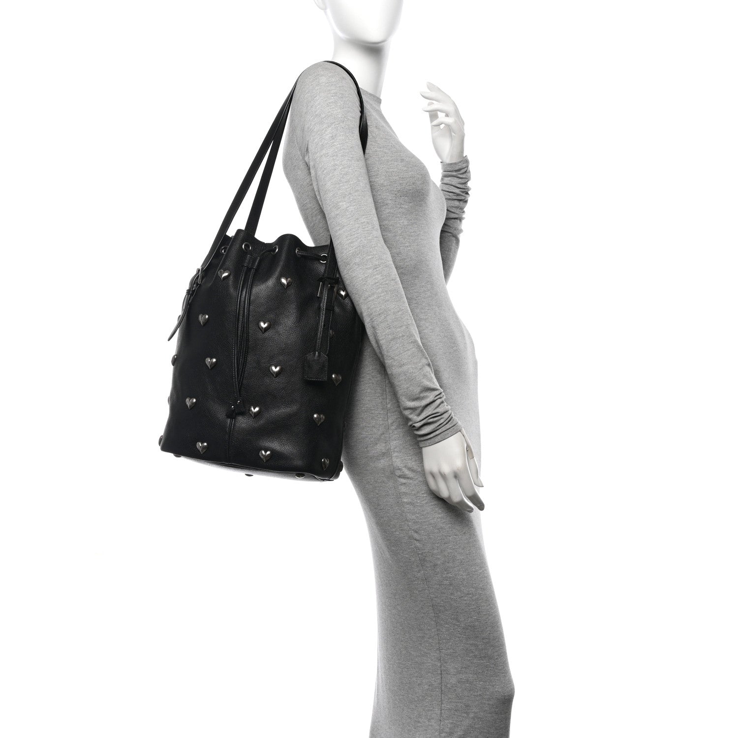 Saint Laurent Lambskin Medium Heart Studded Riva Bucket Bag Black 2 of 11