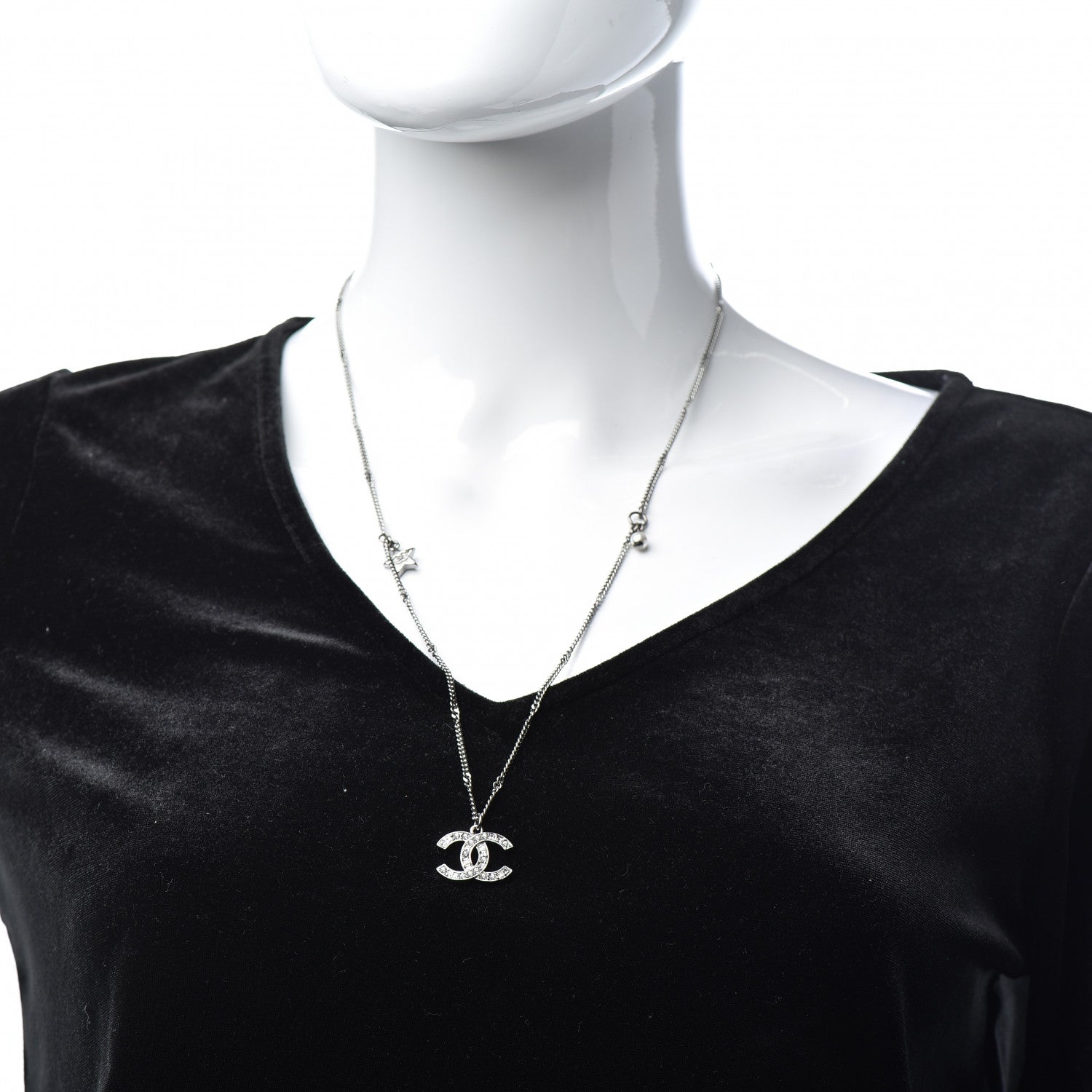 Chanel Crystal Pearl Star CC Necklace Silver 2 of 7
