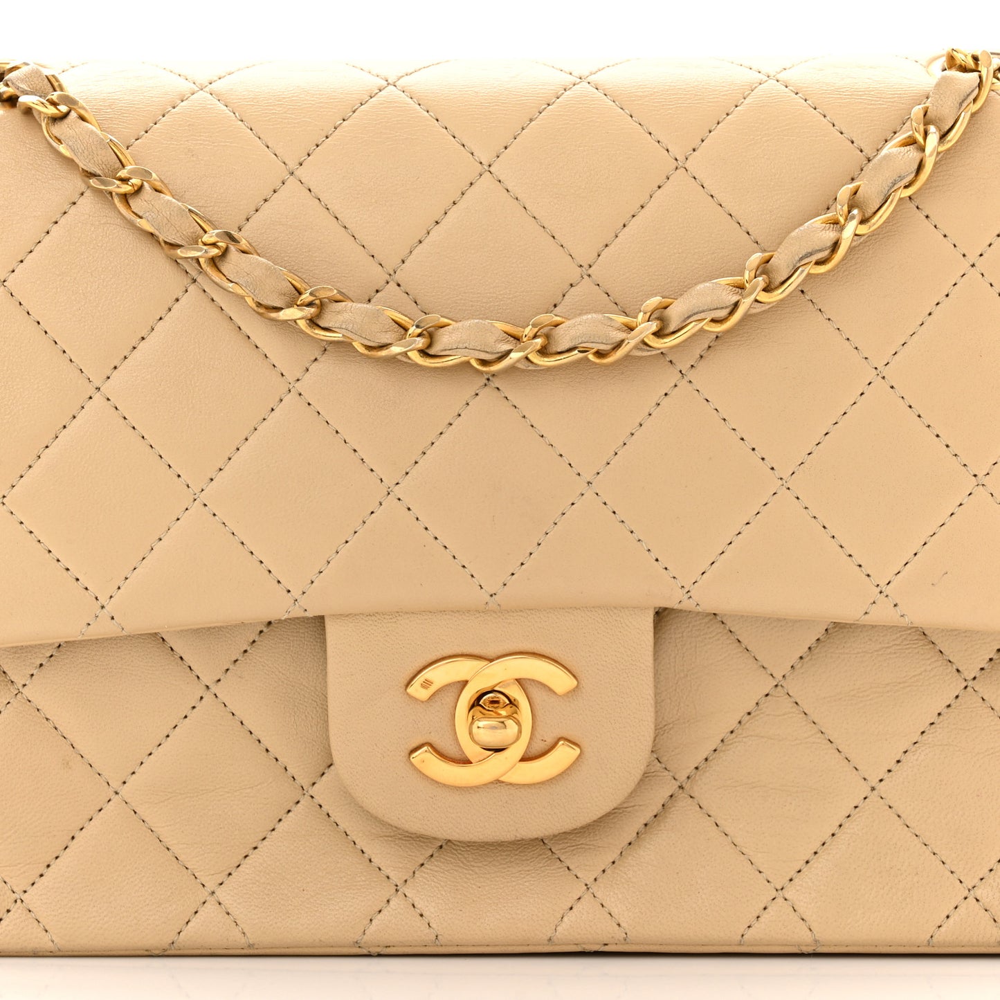 Lambskin Quilted Medium Double Flap Beige