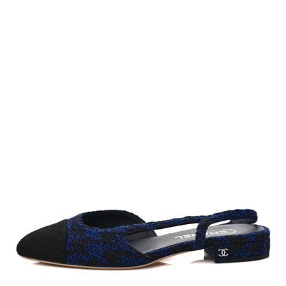 Chanel Tweed Cap Toe Slingback Flats 39 Blue Black 1 of 8