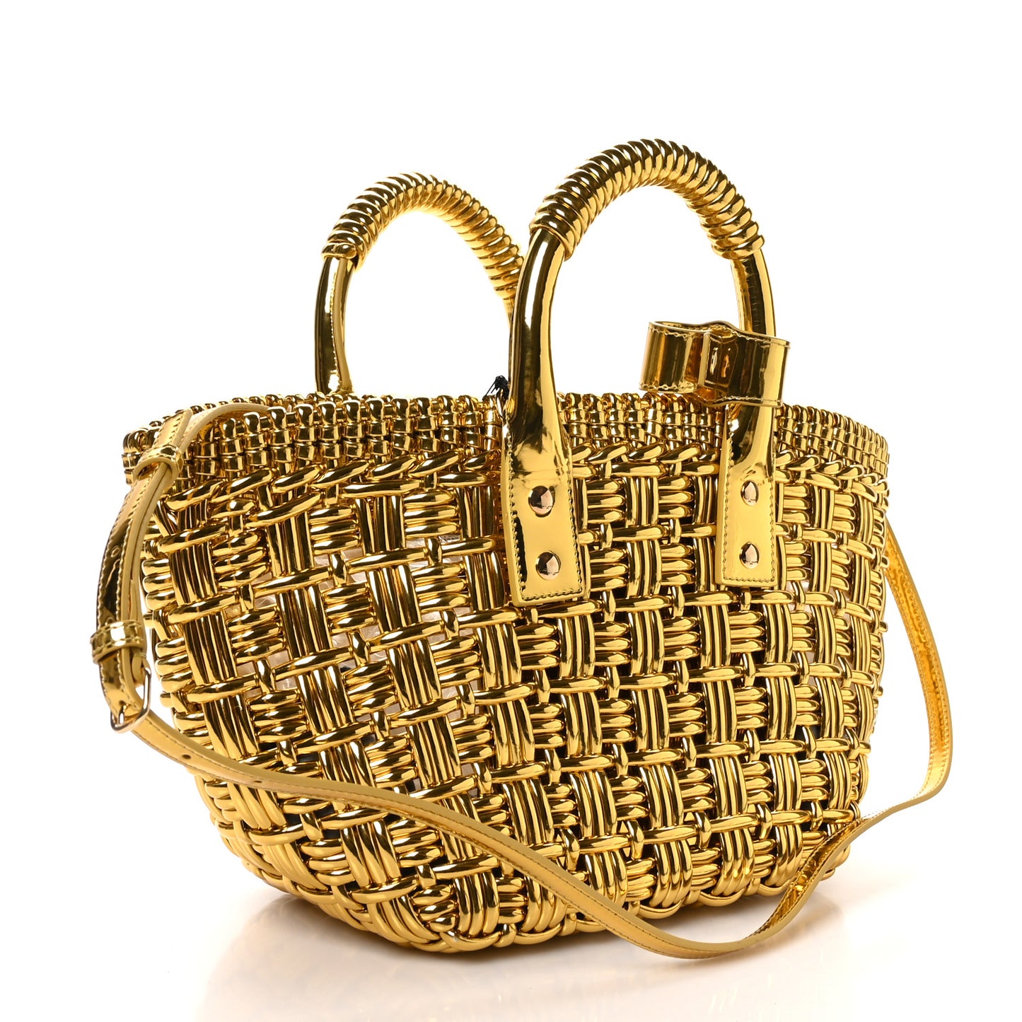 Metallic Patent Calfskin Braided XS Bistro Basket Gold