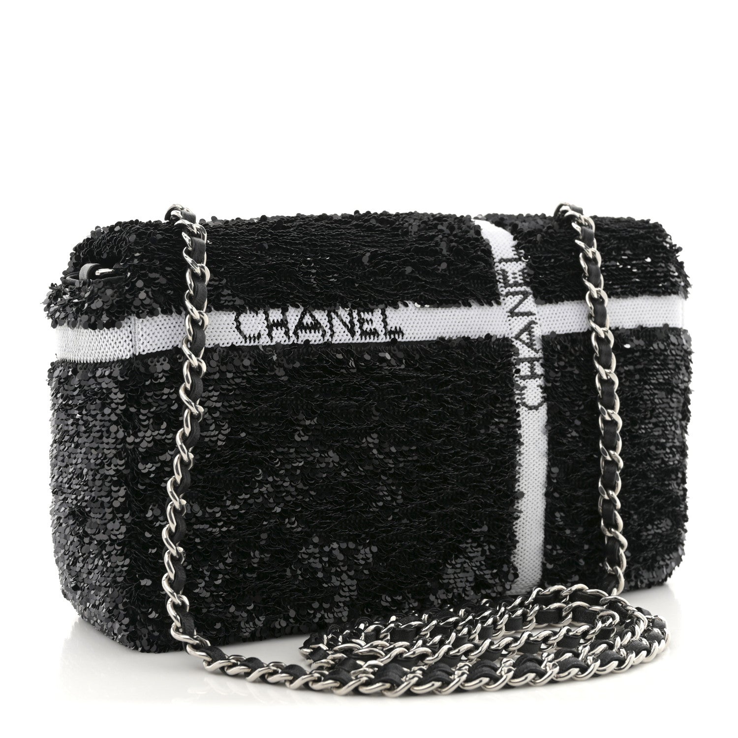 Chanel Sequin Ribbon Mini Rectangular Flap Black White 3 of 10
