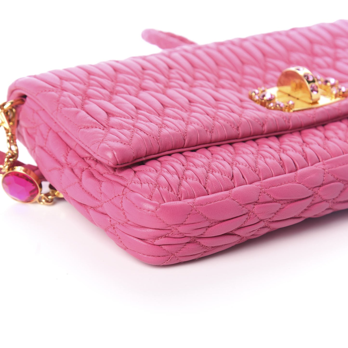 Nappa Matelasse Crystal Flap Clutch Fuxia