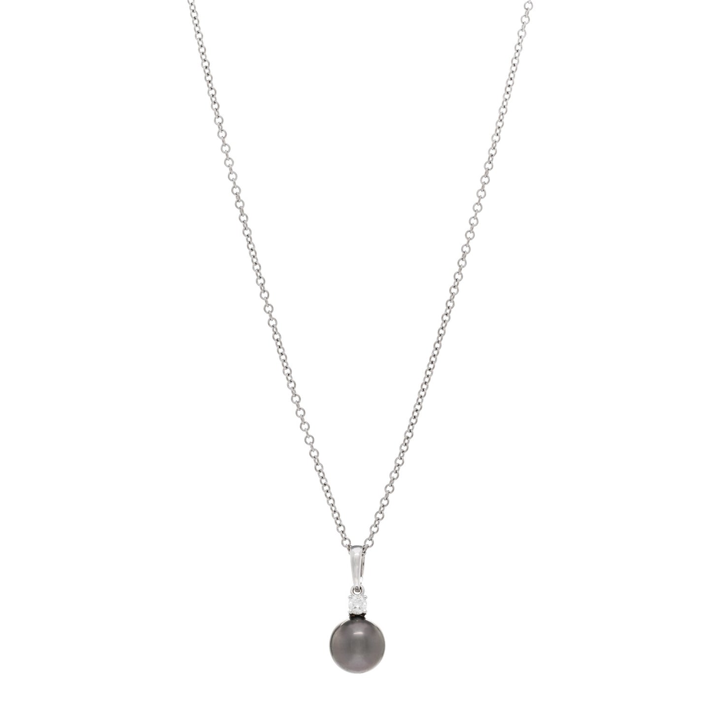 18K White Gold Diamond Black South Sea Pearl 9mm Pendant Necklace