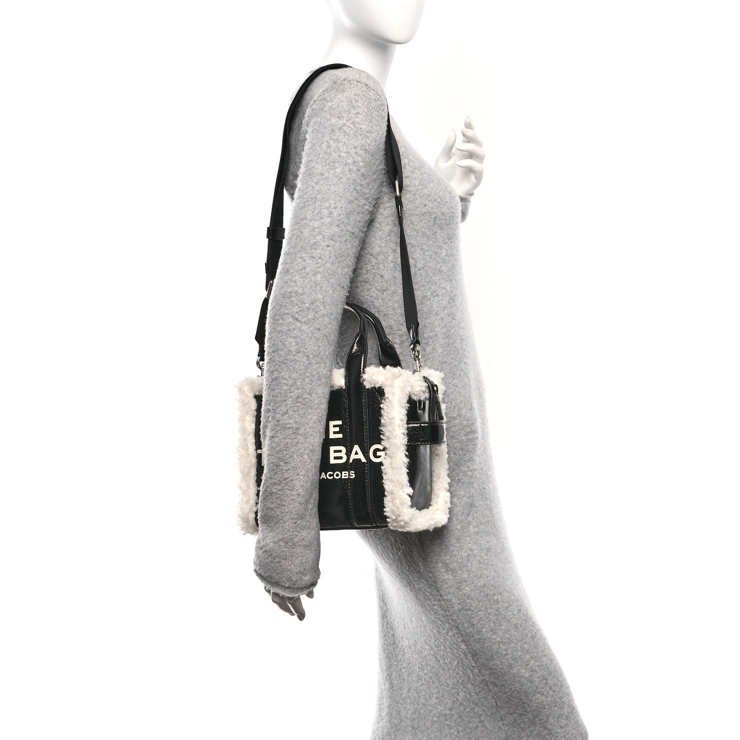 Marc Jacobs Shiny Calfskin Faux Shearling Mini The Traveler Tote Bag Black 2 of 10