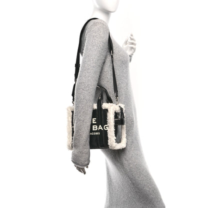 Marc Jacobs Shiny Calfskin Faux Shearling Mini The Traveler Tote Bag Black 2 of 10