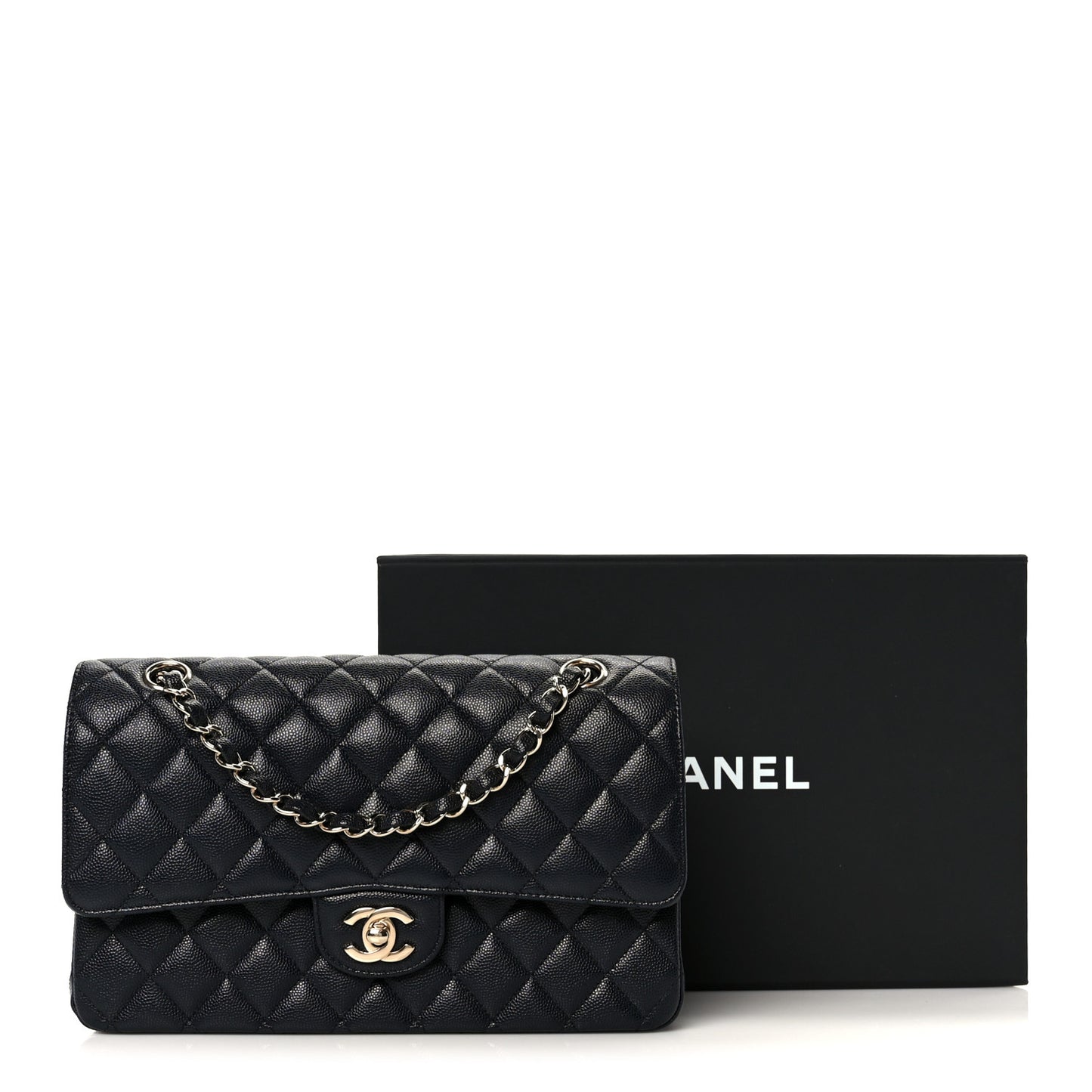 Caviar Quilted Medium Double Flap Navy