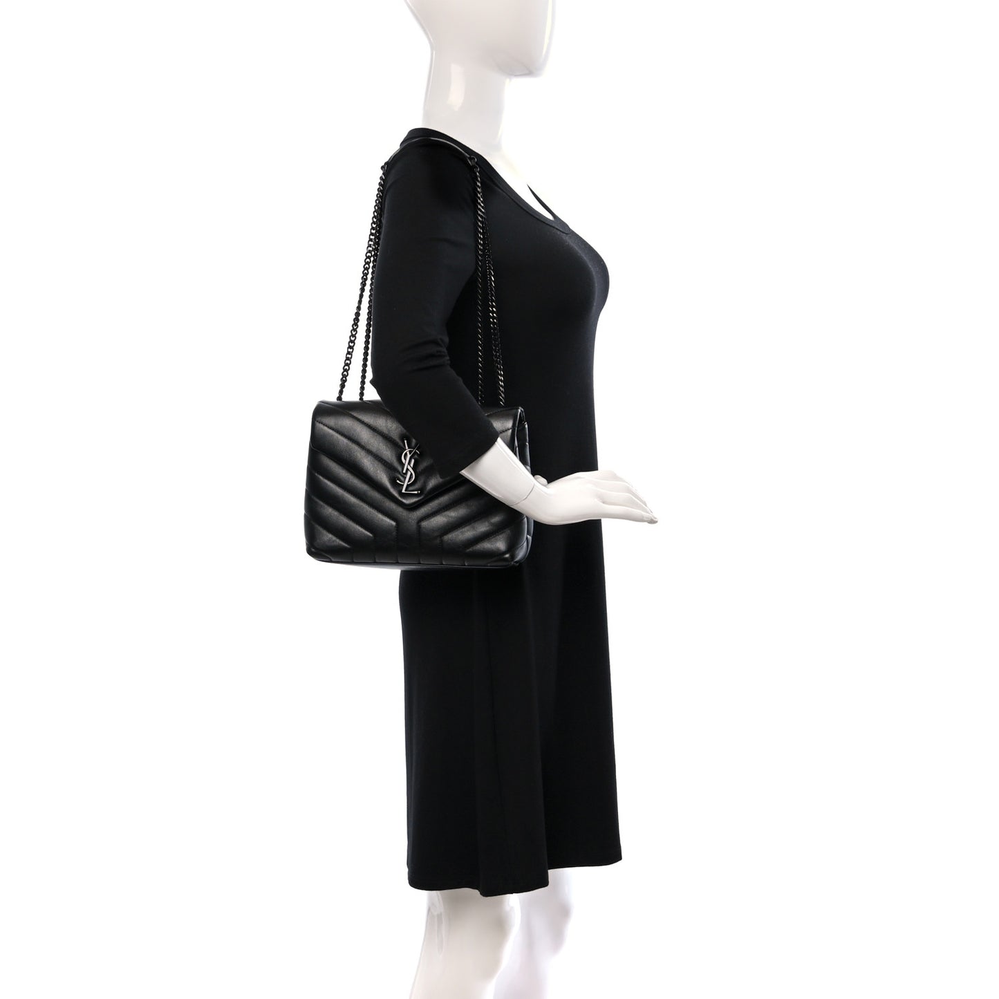 Calfskin Y Quilted Monogram Monochrome Small Loulou Chain Satchel Black