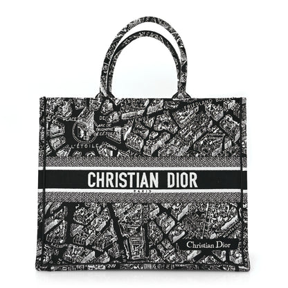 Christian Dior Canvas Embroidered Large Plan De Paris Book Tote Black White 1 of 14