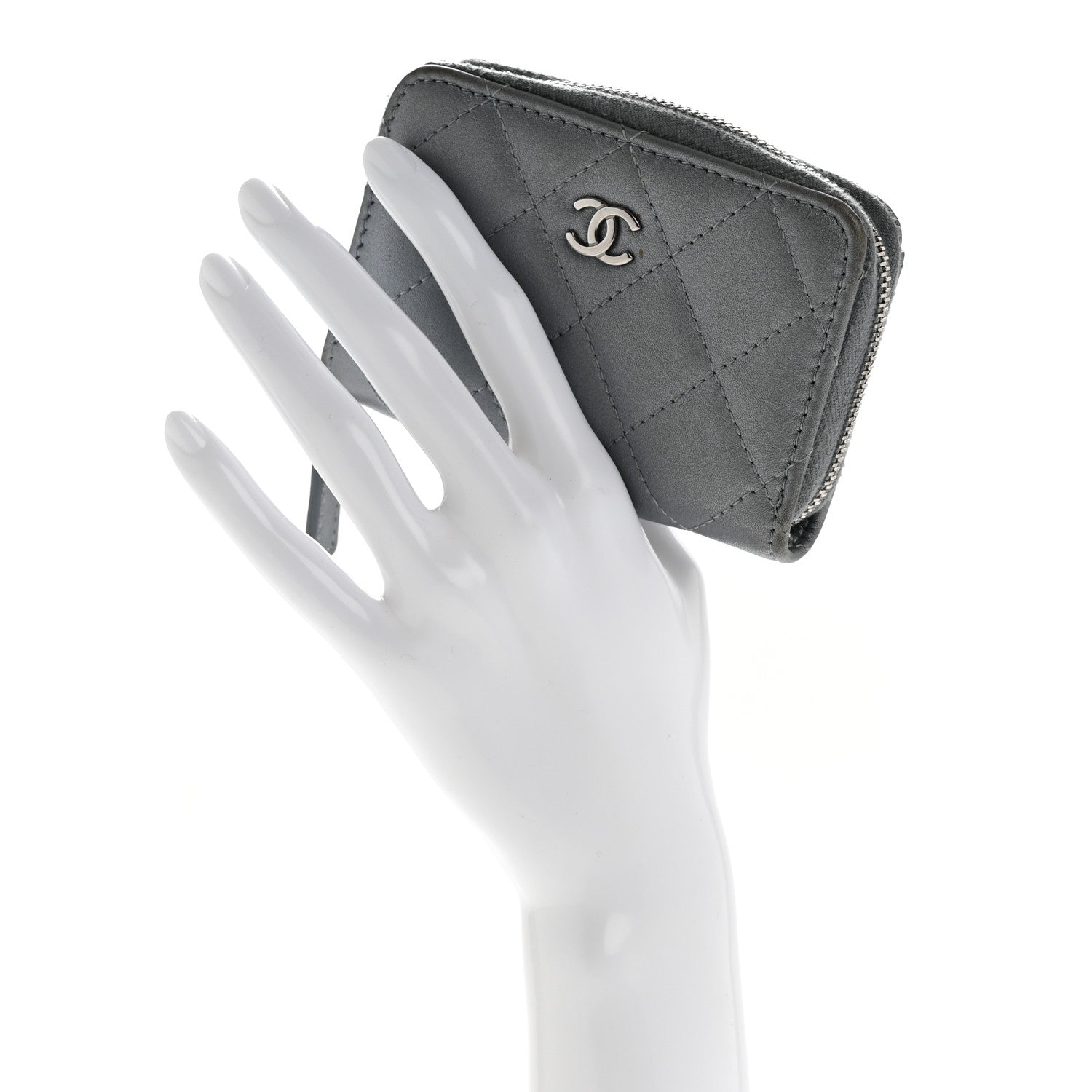 Chanel Metallic Lambskin Quilted Zip Around Coin Purse Wallet Silver 2 of 11