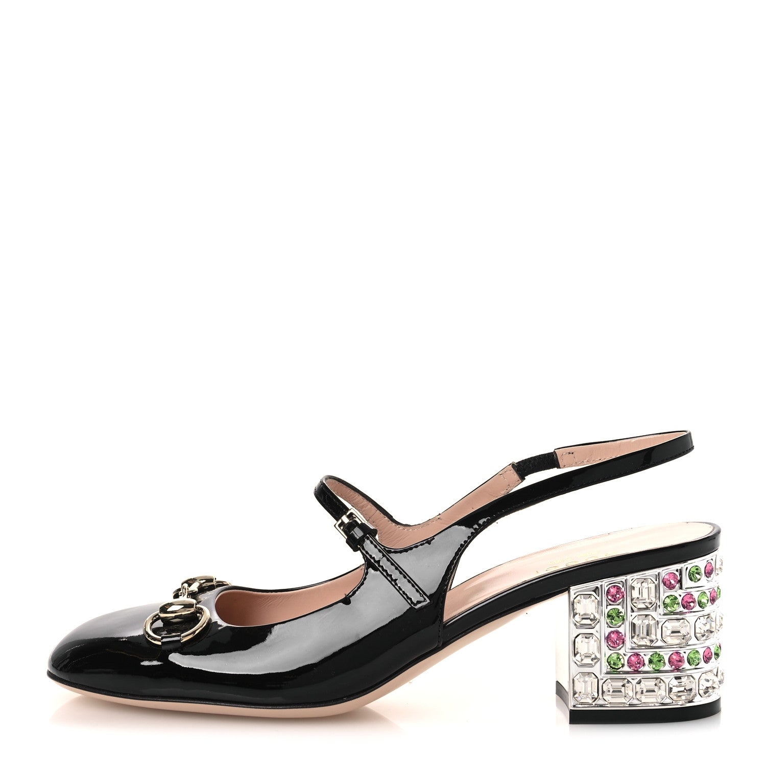 Gucci Vernice Crystal Horsebit Charlotte 42mm Slingback Pumps 37 Black Multicolor 1 of 14