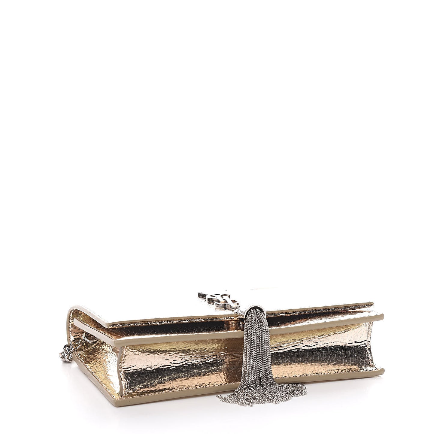 Metallic Crackled Calfskin Kate Monogram Tassel Chain Wallet Gold