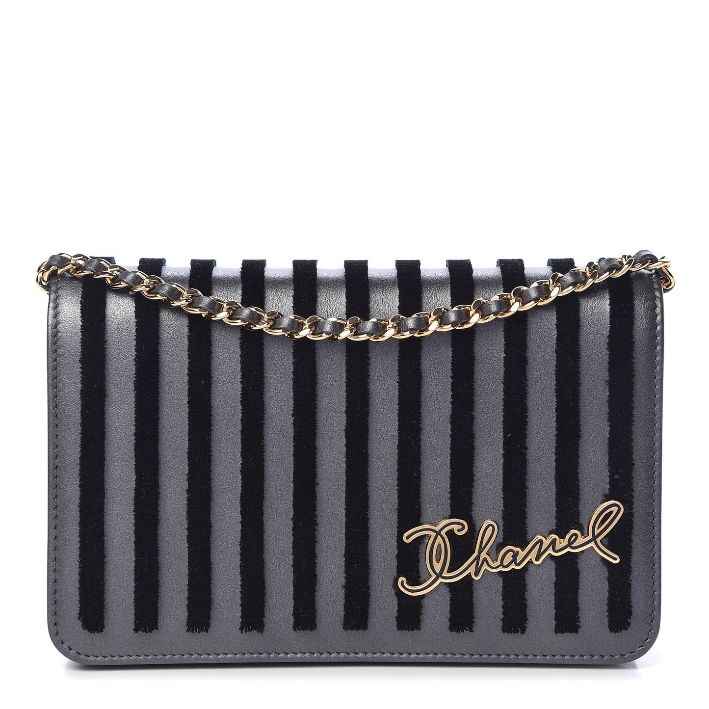 Iridescent Calfskin Velvet Stripe Wallet On Chain WOC Purple