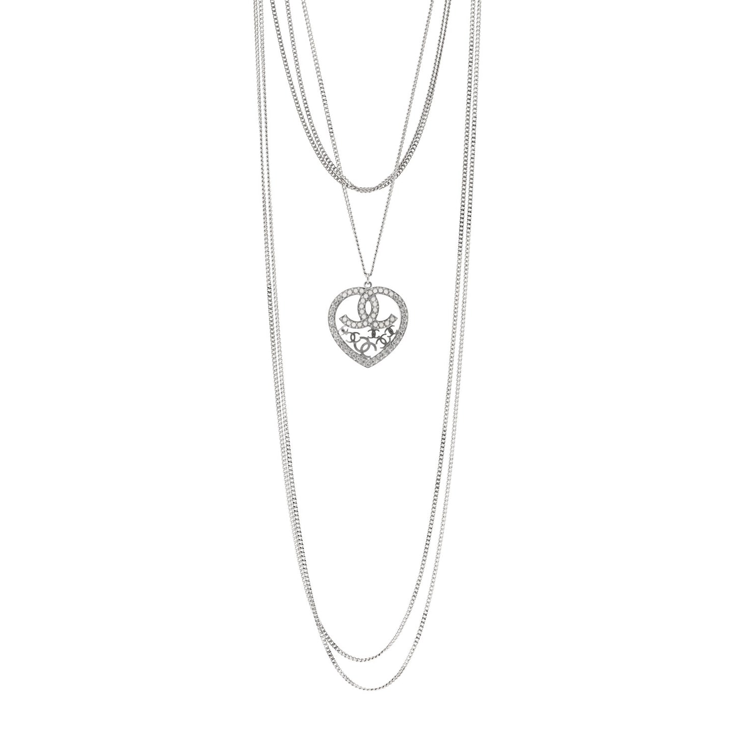 Crystal Heart CC Multi Strand Chain Necklace Silver