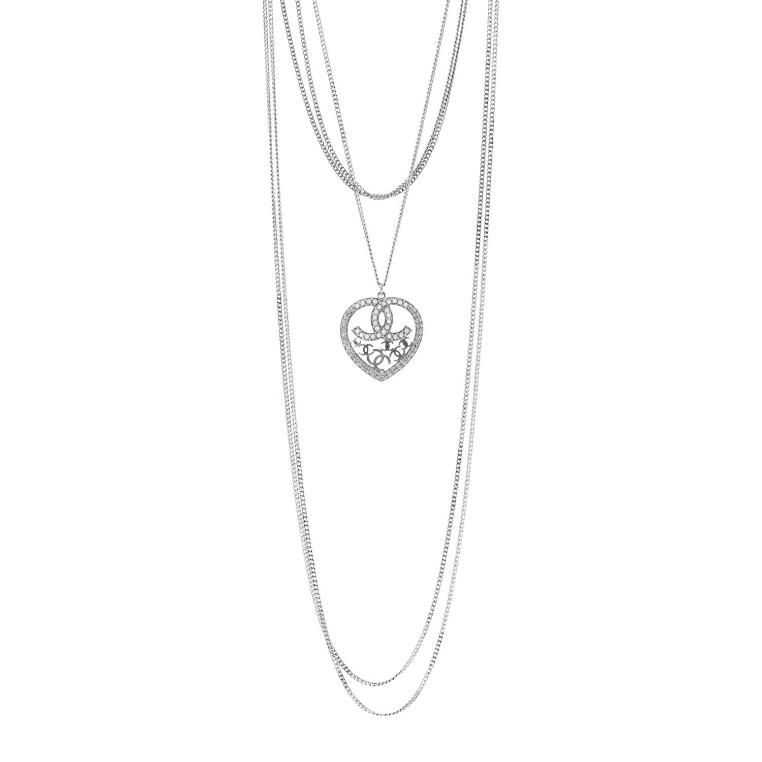 Chanel Crystal Heart CC Multi Strand Chain Necklace Silver 1 of 6