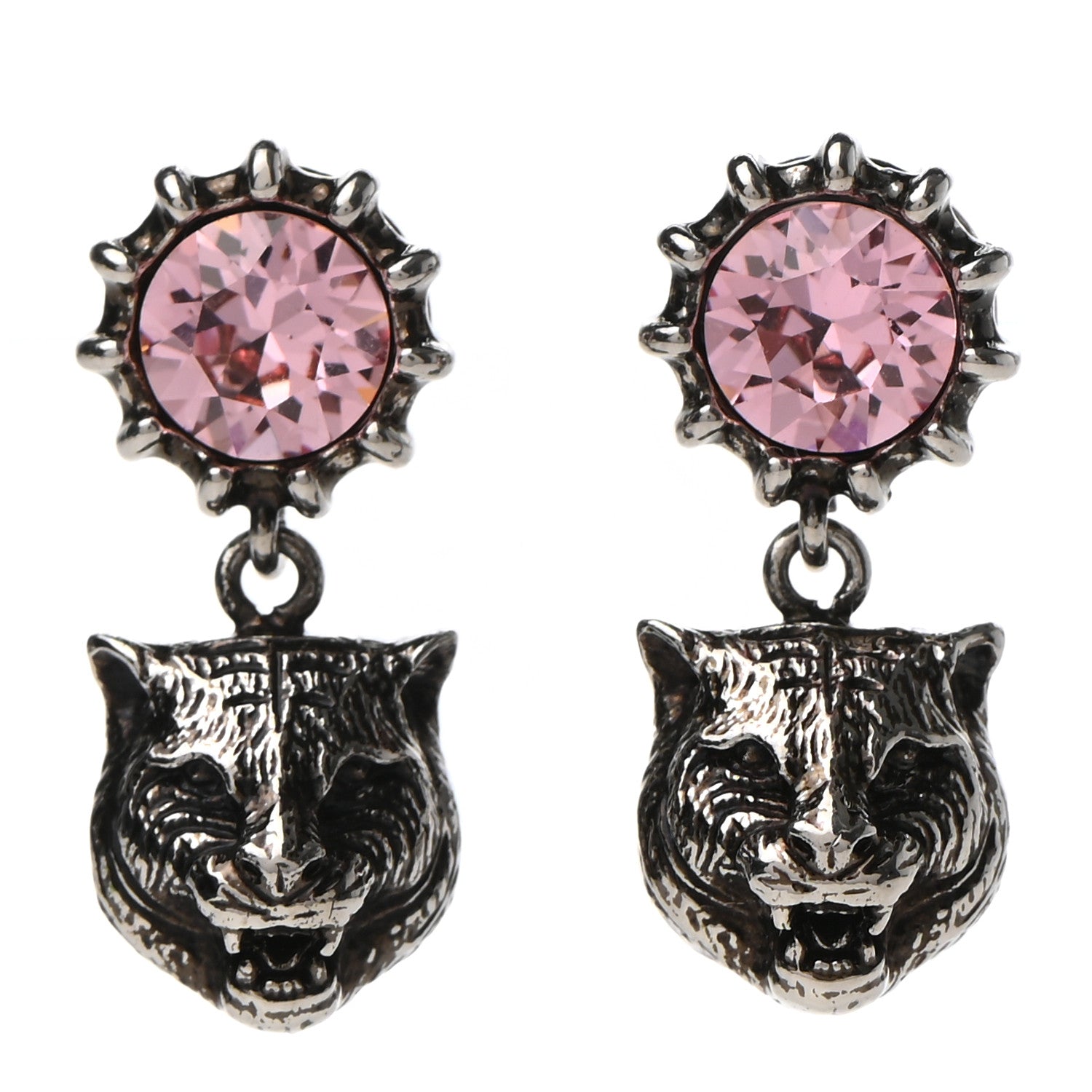 Gucci Metal Crystal Feline Earrings Aged Silver Pink 1 of 4