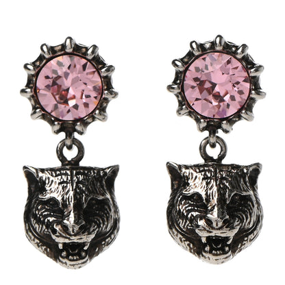 Gucci Metal Crystal Feline Earrings Aged Silver Pink 1 of 4