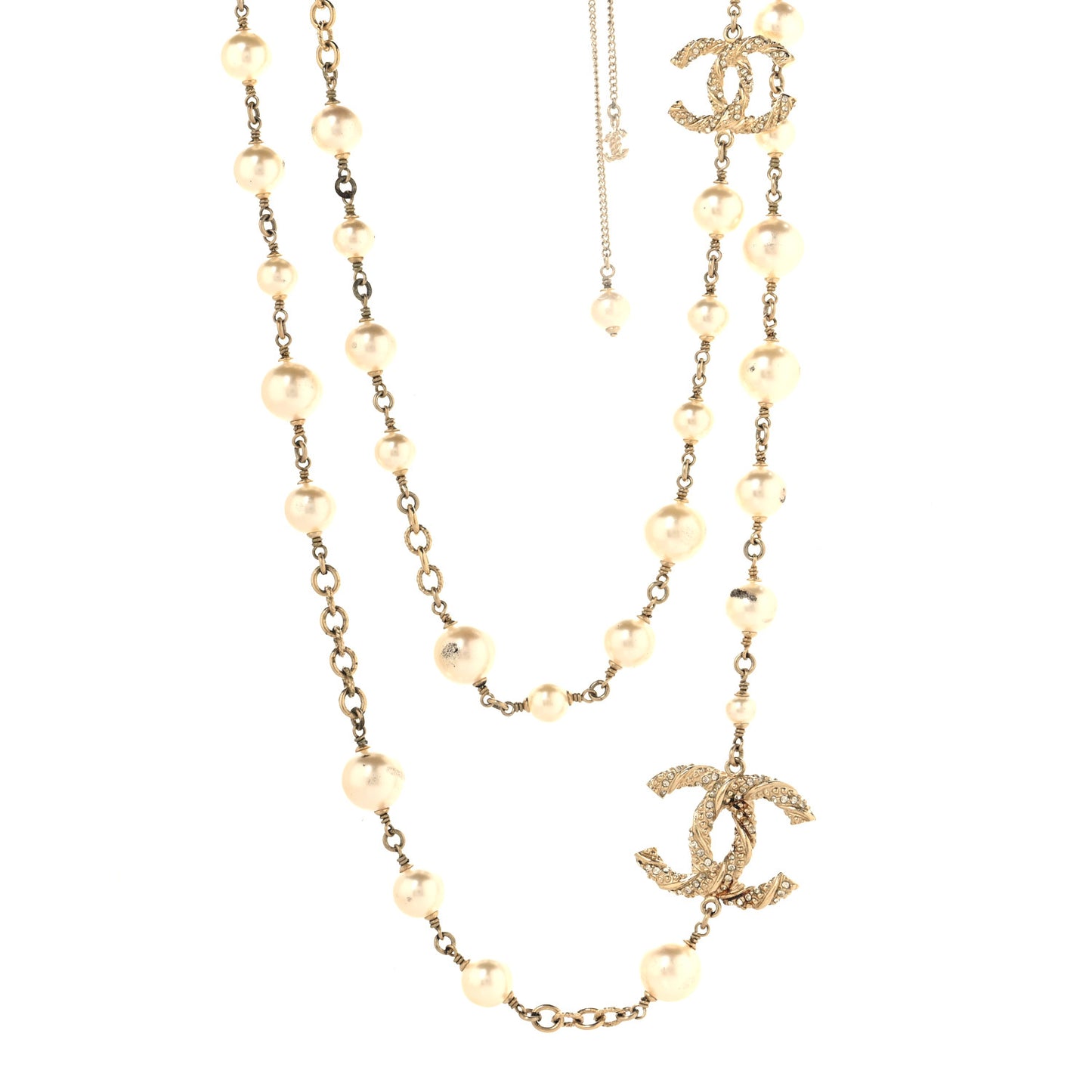 Graduated Pearl Crystal Twisted CC Long Necklace Gold
