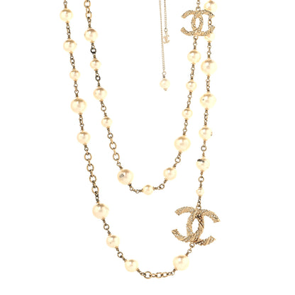 Chanel Graduated Pearl Crystal Twisted CC Long Necklace Gold 1 of 7