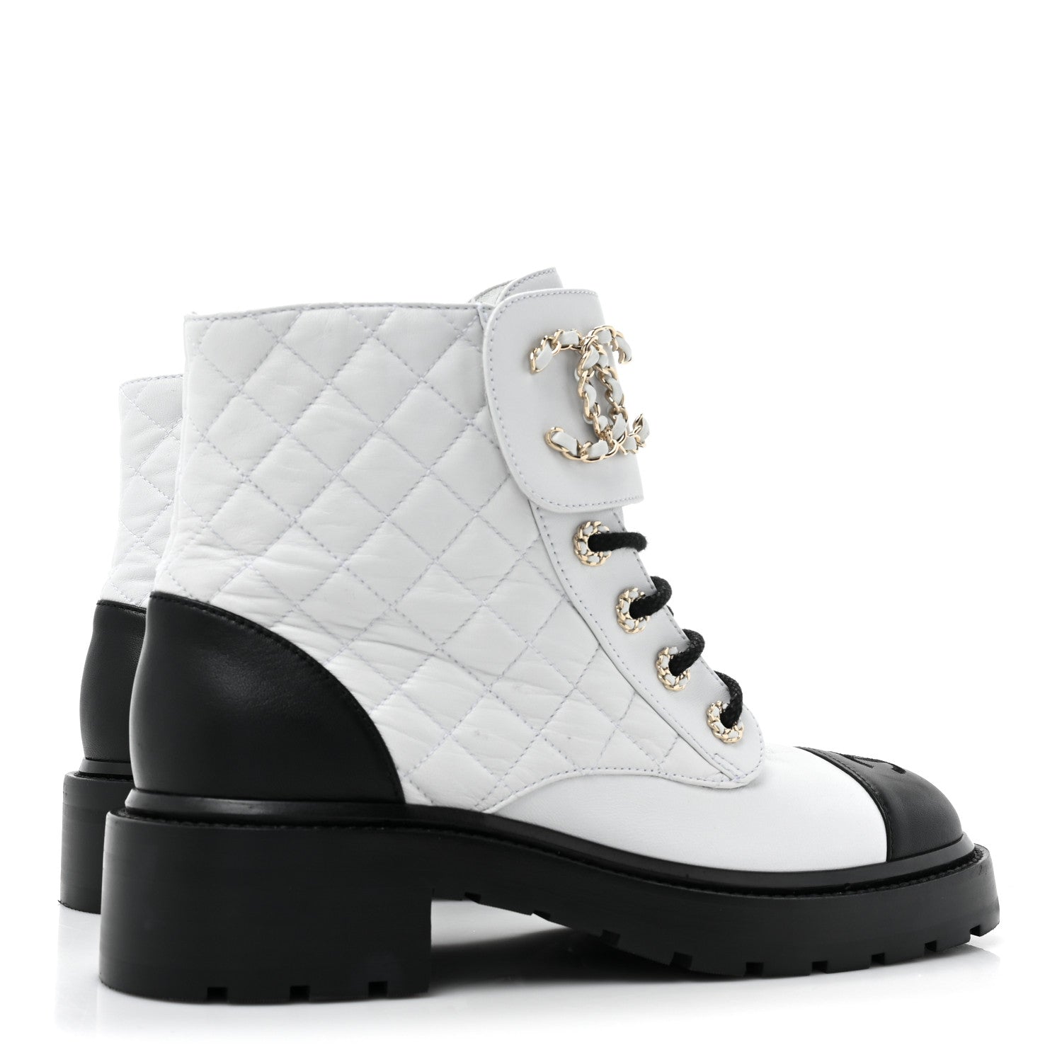 Chanel Shiny Goatskin Calfskin Quilted Lace Up Combat Boots 39 Ivory Black 4 of 9