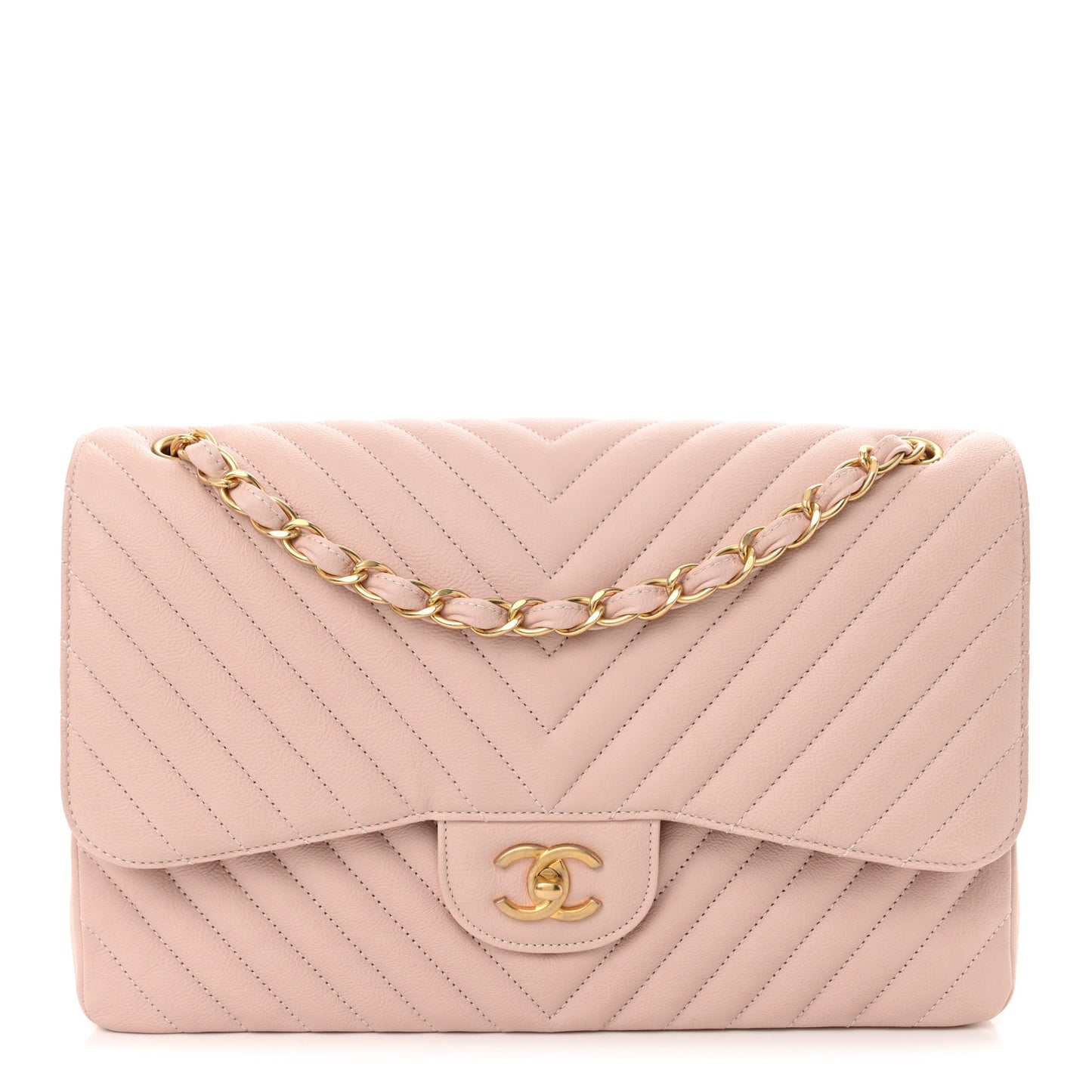 Calfskin Chevron Quilted Jumbo Double Flap Light Pink