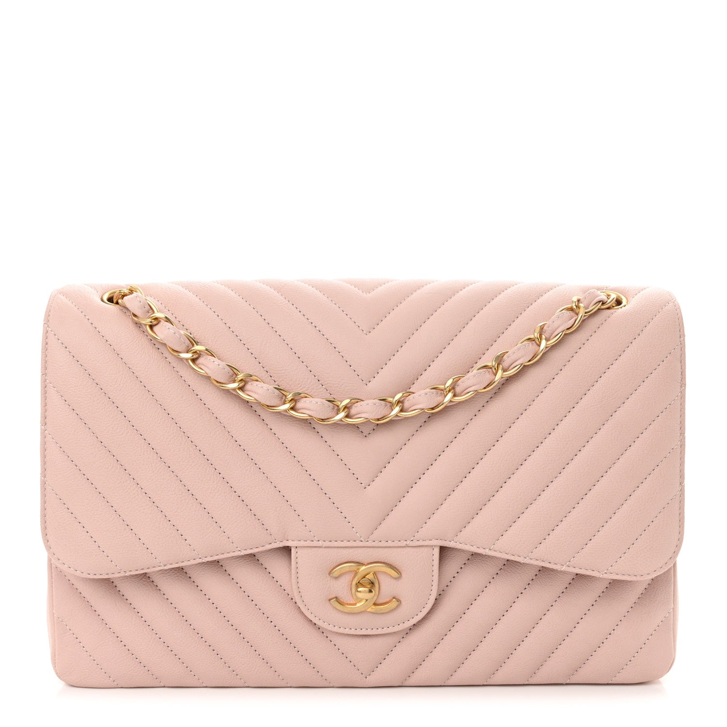 Chanel Calfskin Chevron Quilted Jumbo Double Flap Light Pink 1 of 10