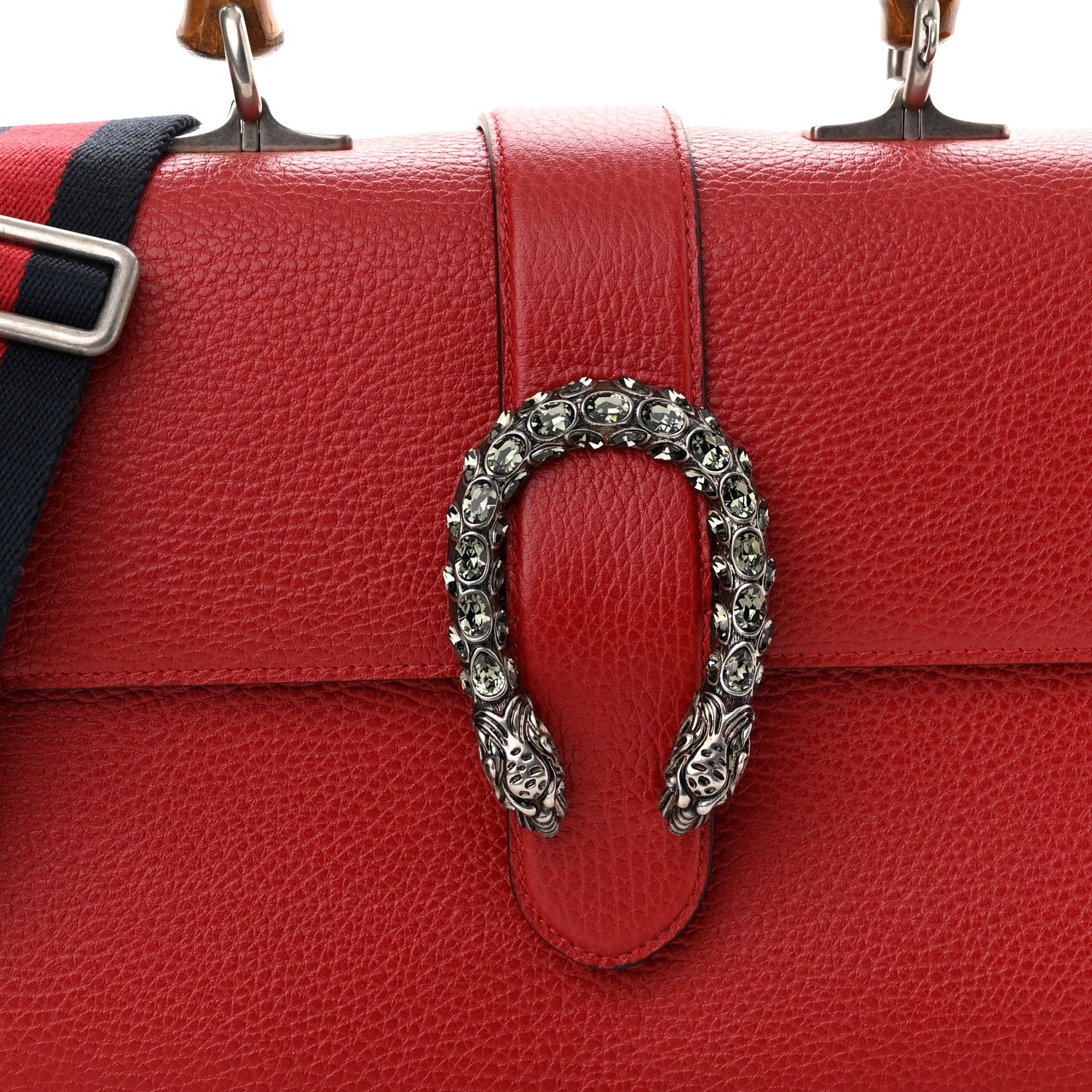 Gucci Dollar Calfskin Crystal Web Medium Dionysus Bamboo Top Handle Bag Hibiscus Red Black Diamond 8 of 10