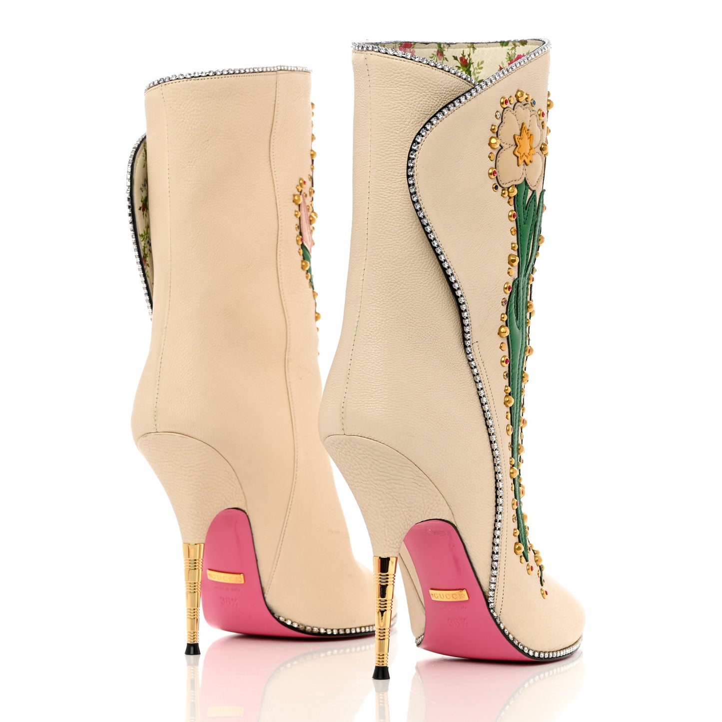 Calfskin Floral Crystal Embroidered Fosca Boots 36.5 Mystic White