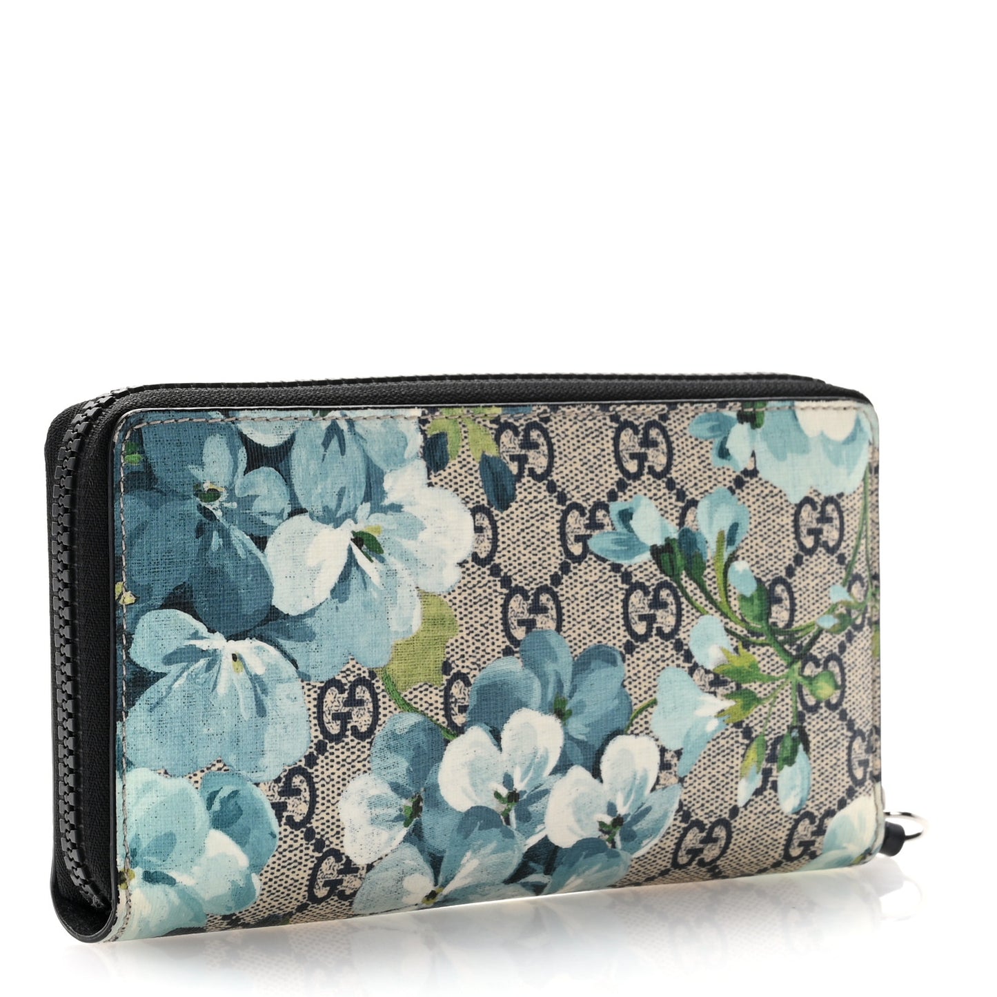 GG Supreme Monogram Blooms Zip Around Wallet Blue