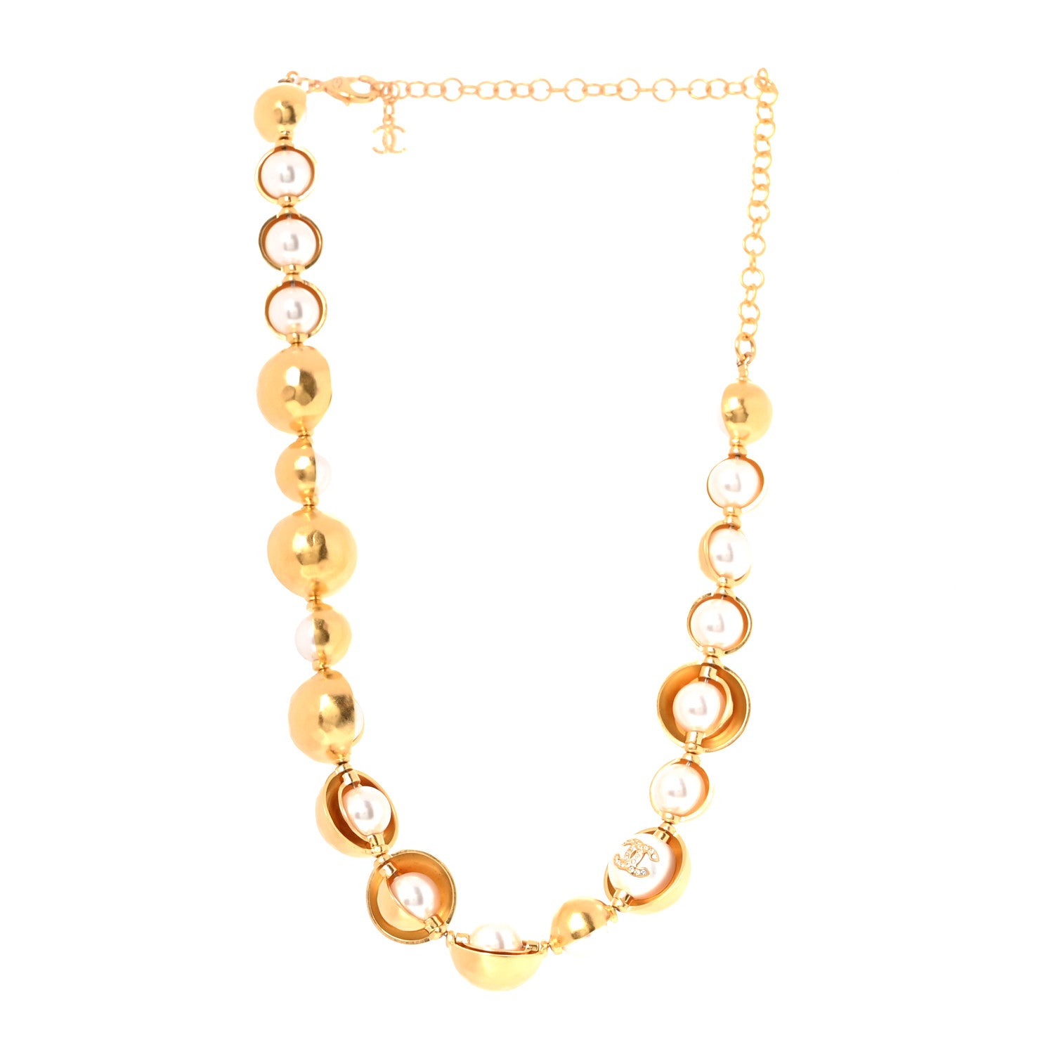 Chanel Metal Crystal Pearl CC Choker Necklace Gold Pearly White 3 of 5