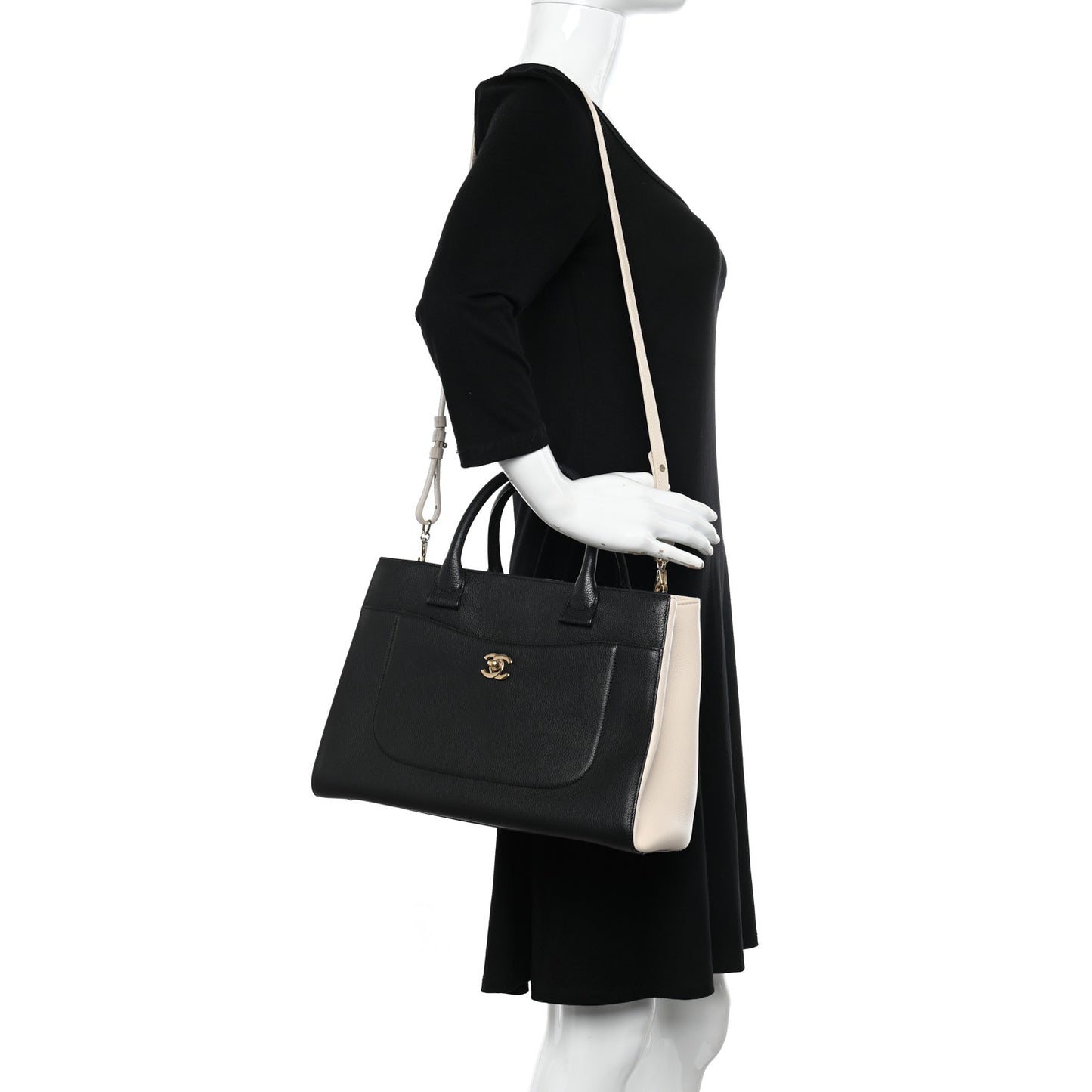 Grained Calfskin Small Bi-Color Neo Executive Shopper Tote Black Beige