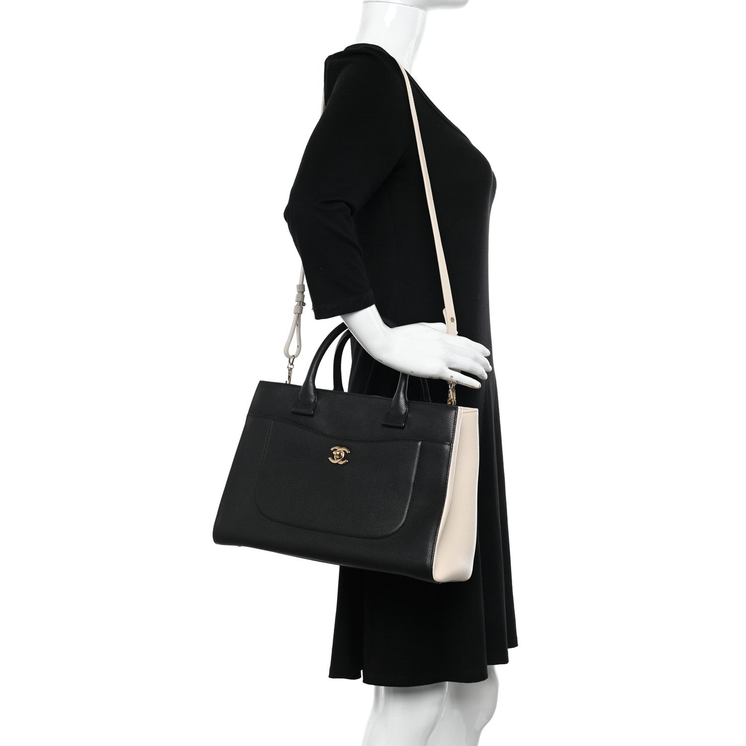 Chanel Grained Calfskin Small Bi-Color Neo Executive Shopper Tote Black Beige 2 of 13