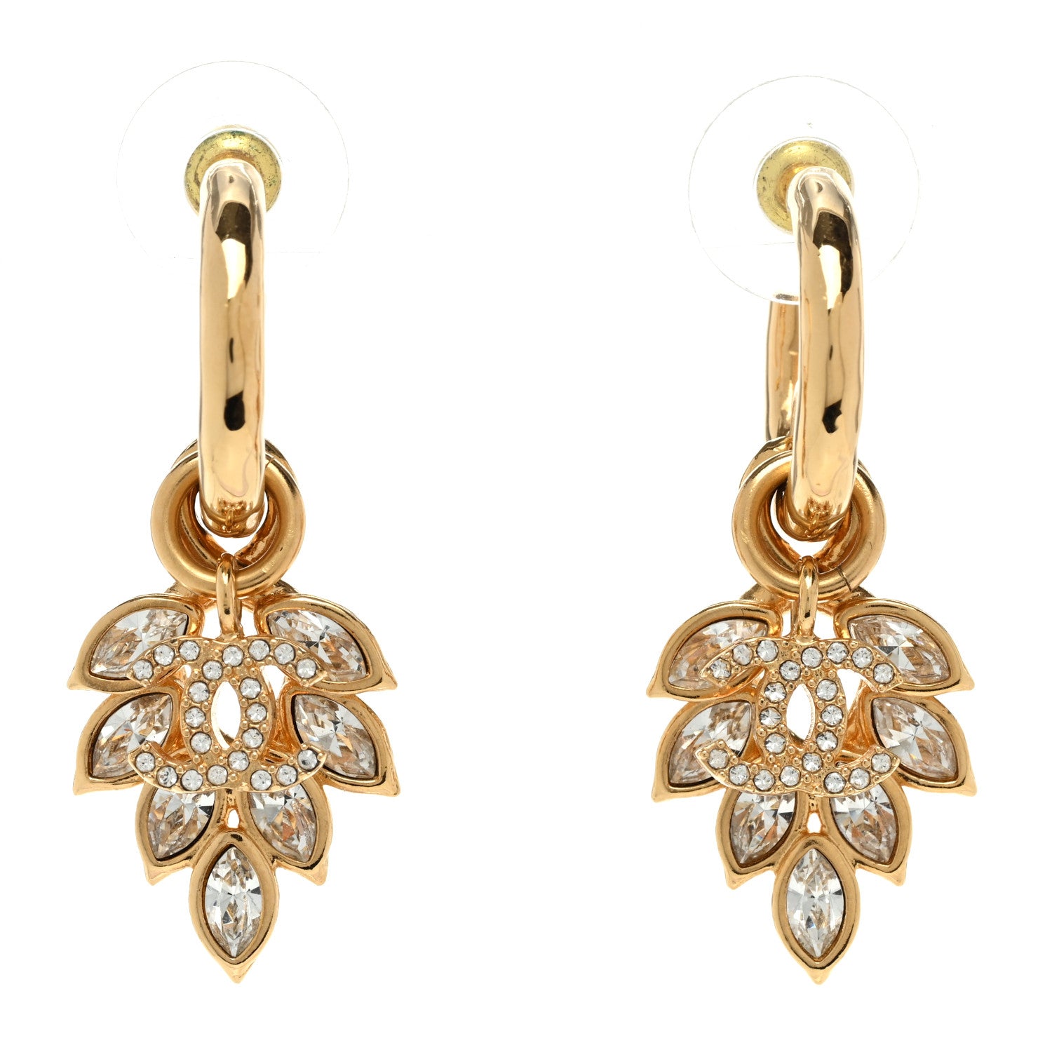 Chanel Metal Crystal Wheat CC Hoop Drop Earrings Gold 1 of 5