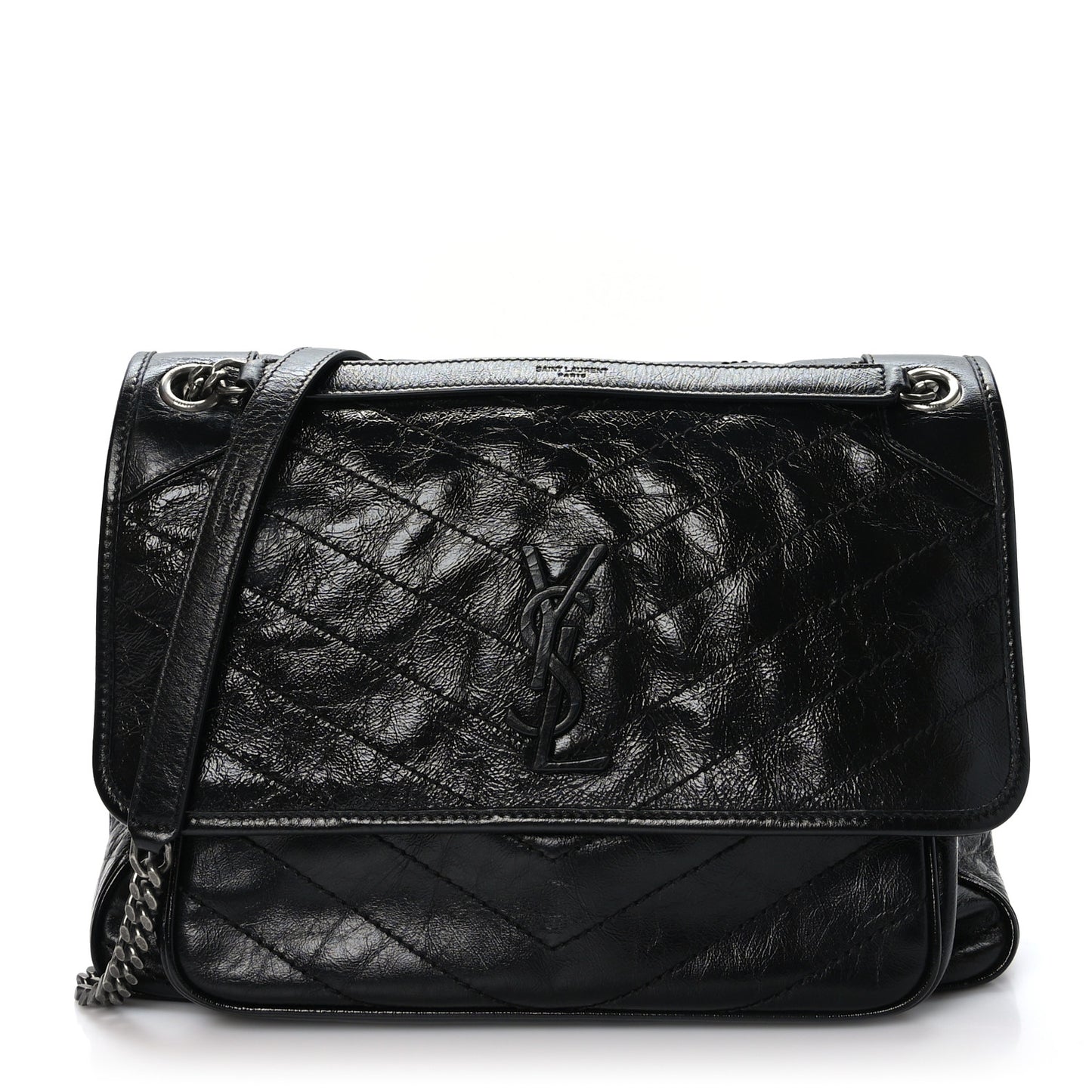 Crinkled Calfskin Matelasse Monogram Large Niki Chain Satchel Black