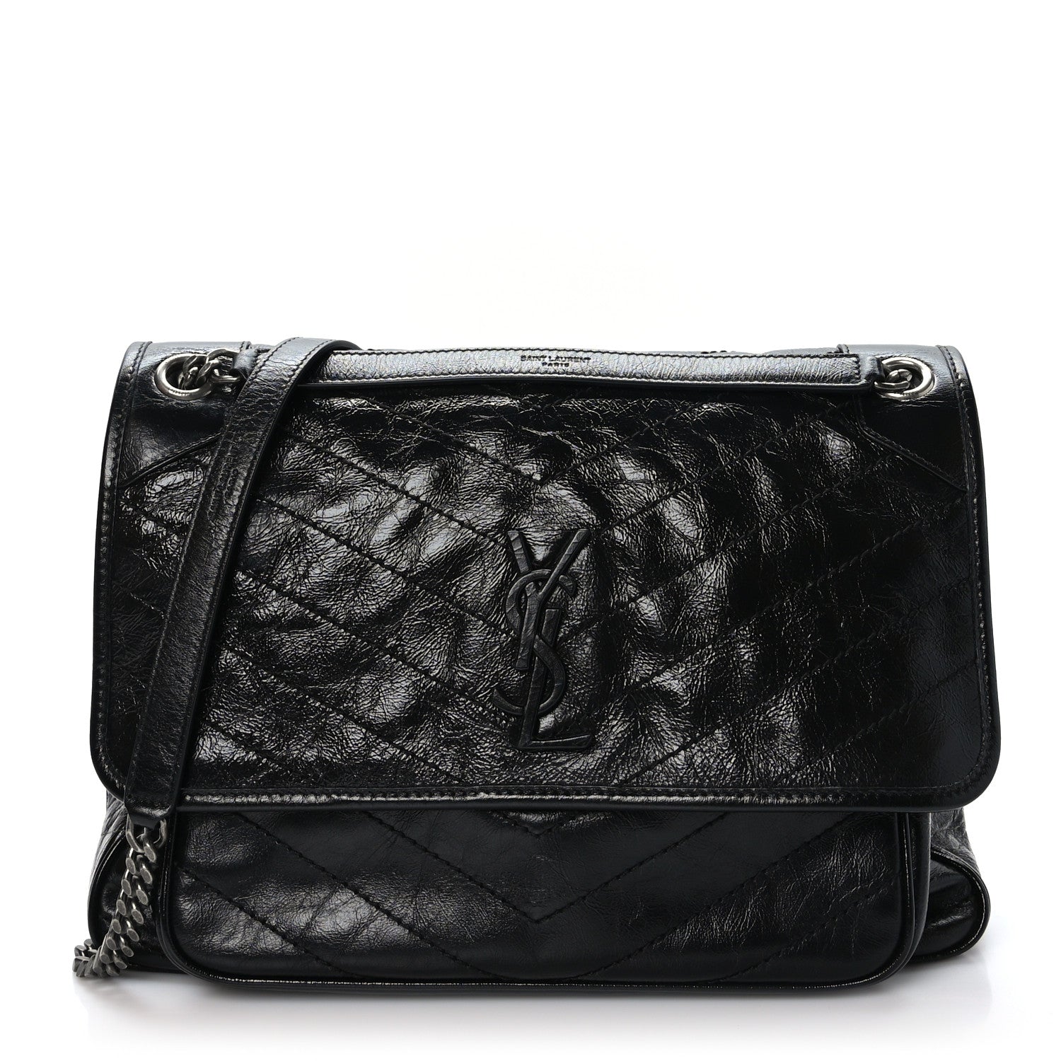 Saint Laurent Crinkled Calfskin Matelasse Monogram Large Niki Chain Satchel Black 1 of 8