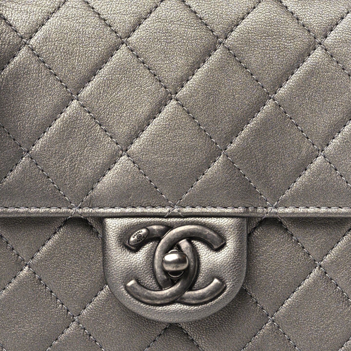 Metallic Goatskin Quilted Small Chic Pearls Flap Silver