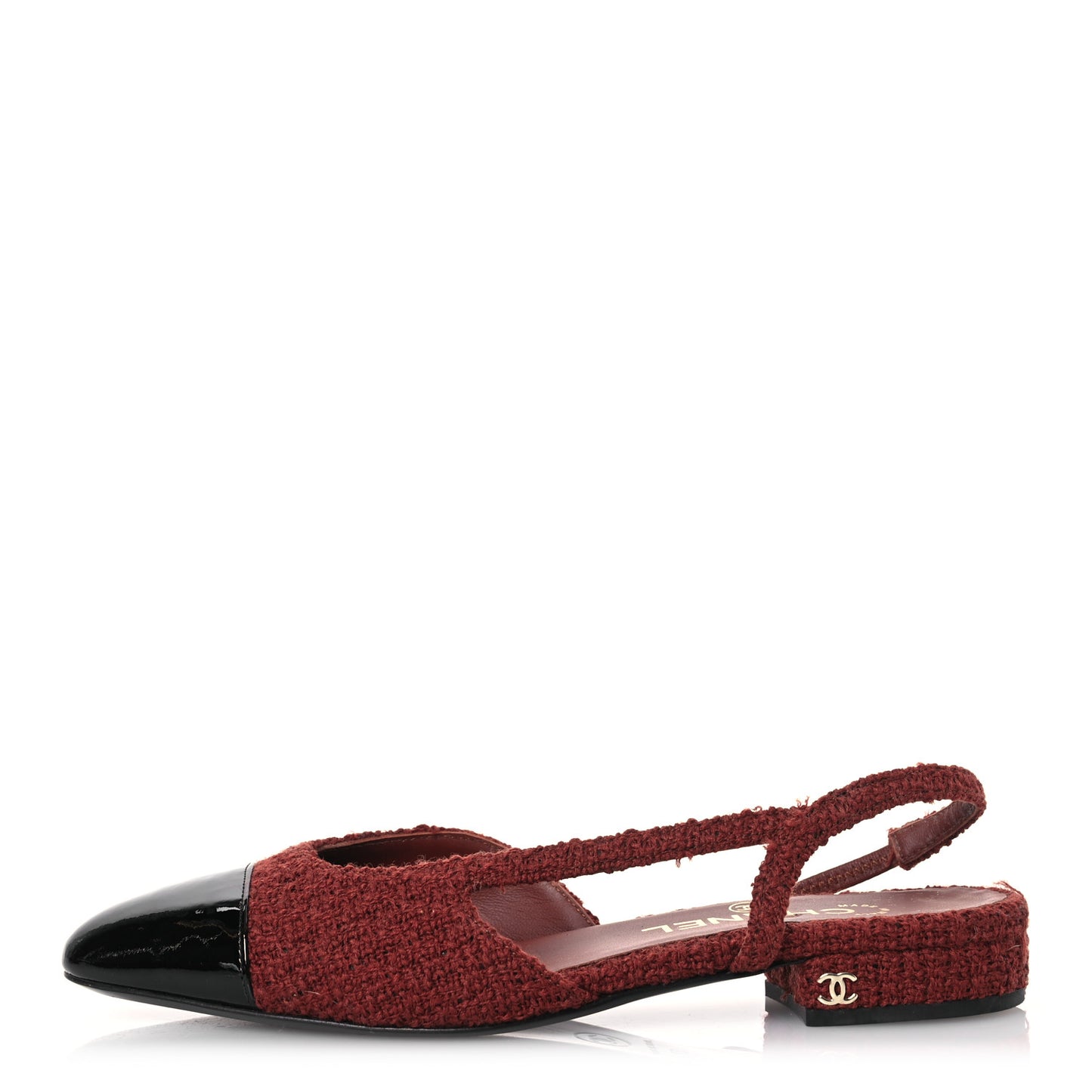 Wool Tweed Patent Cap Toe Slingback Flats 37 Brown Black
