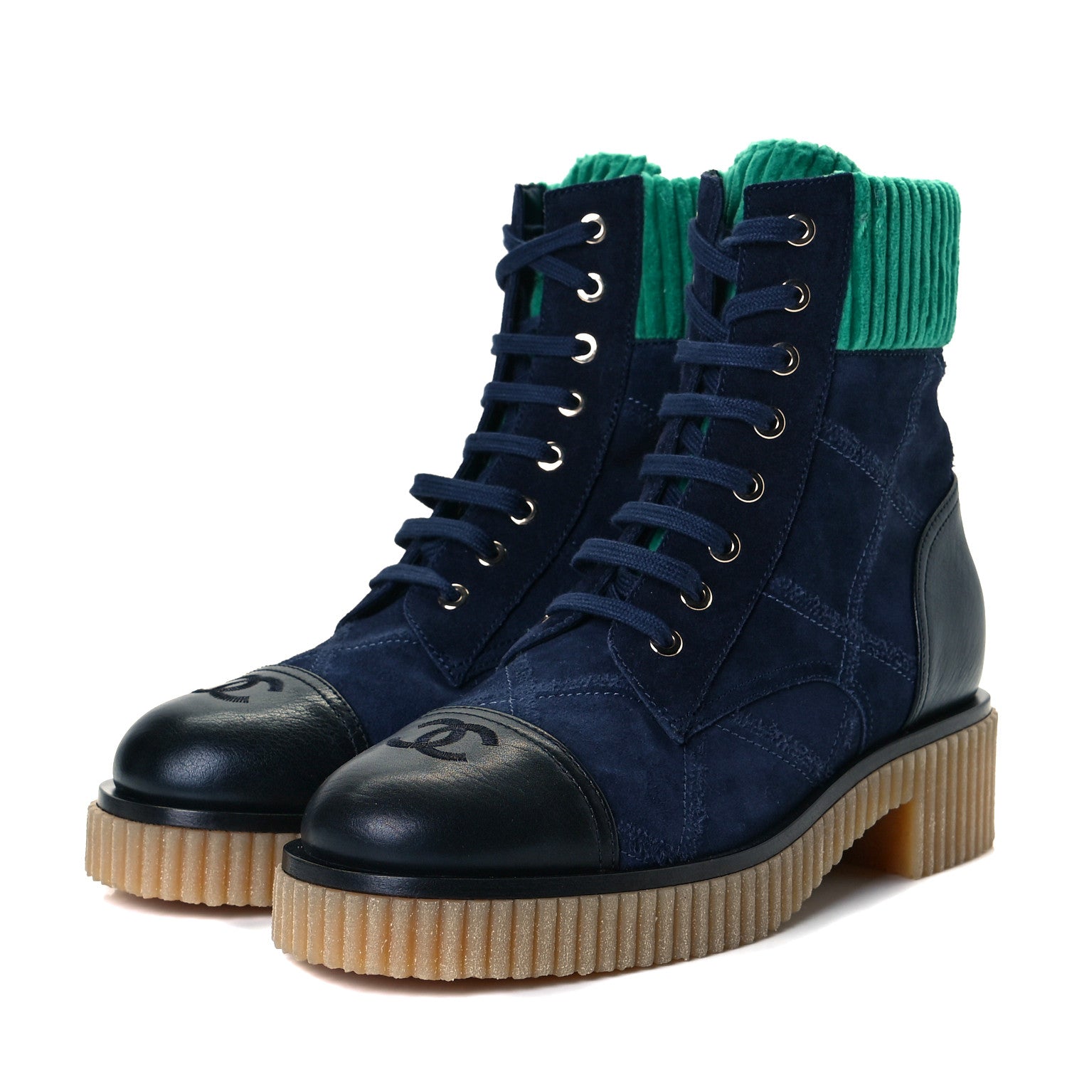 Chanel Suede Calfskin Velvet Quilted CC Combat Boots 38 Navy Green Black 2 of 8