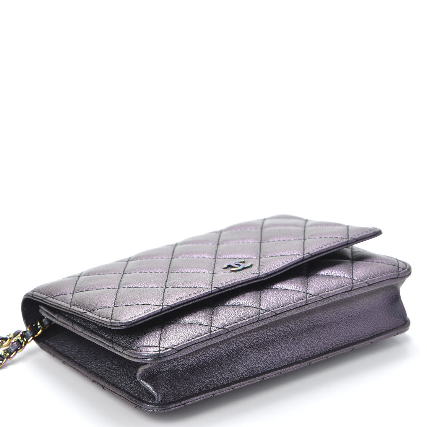 Iridescent Goatskin Quilted Wallet On Chain WOC Purple