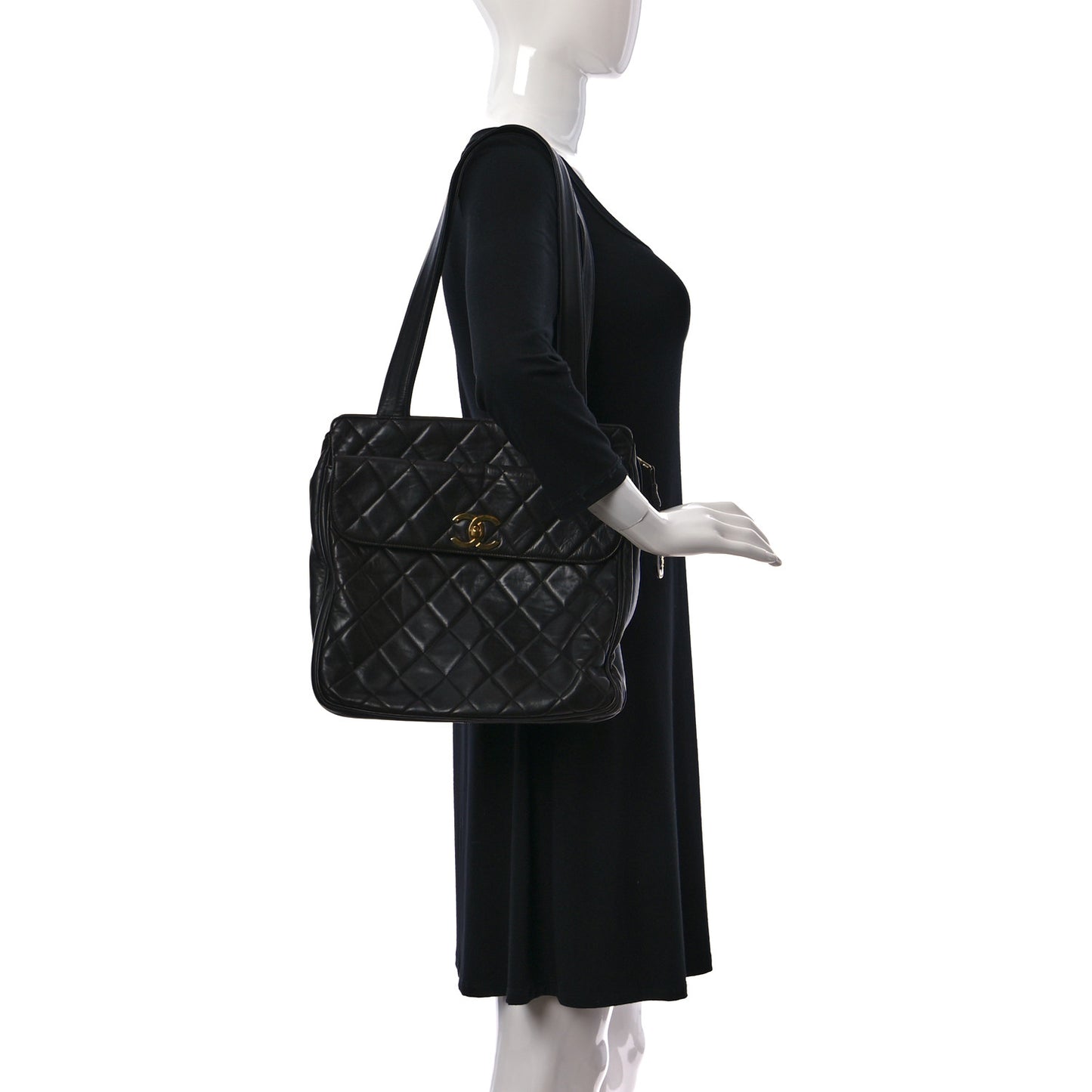 Lambskin Quilted Front Pocket Shopping Tote Black