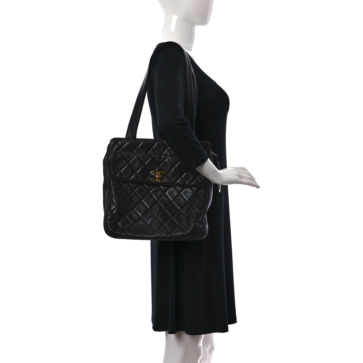 Chanel Lambskin Quilted Front Pocket Shopping Tote Black 2 of 9
