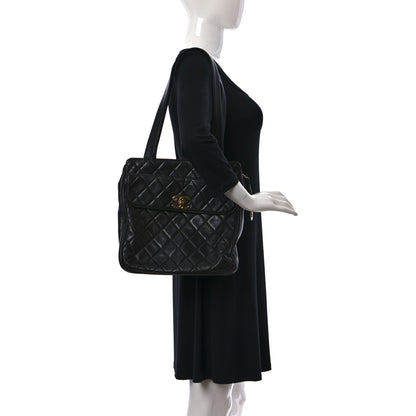 Chanel Lambskin Quilted Front Pocket Shopping Tote Black 2 of 9